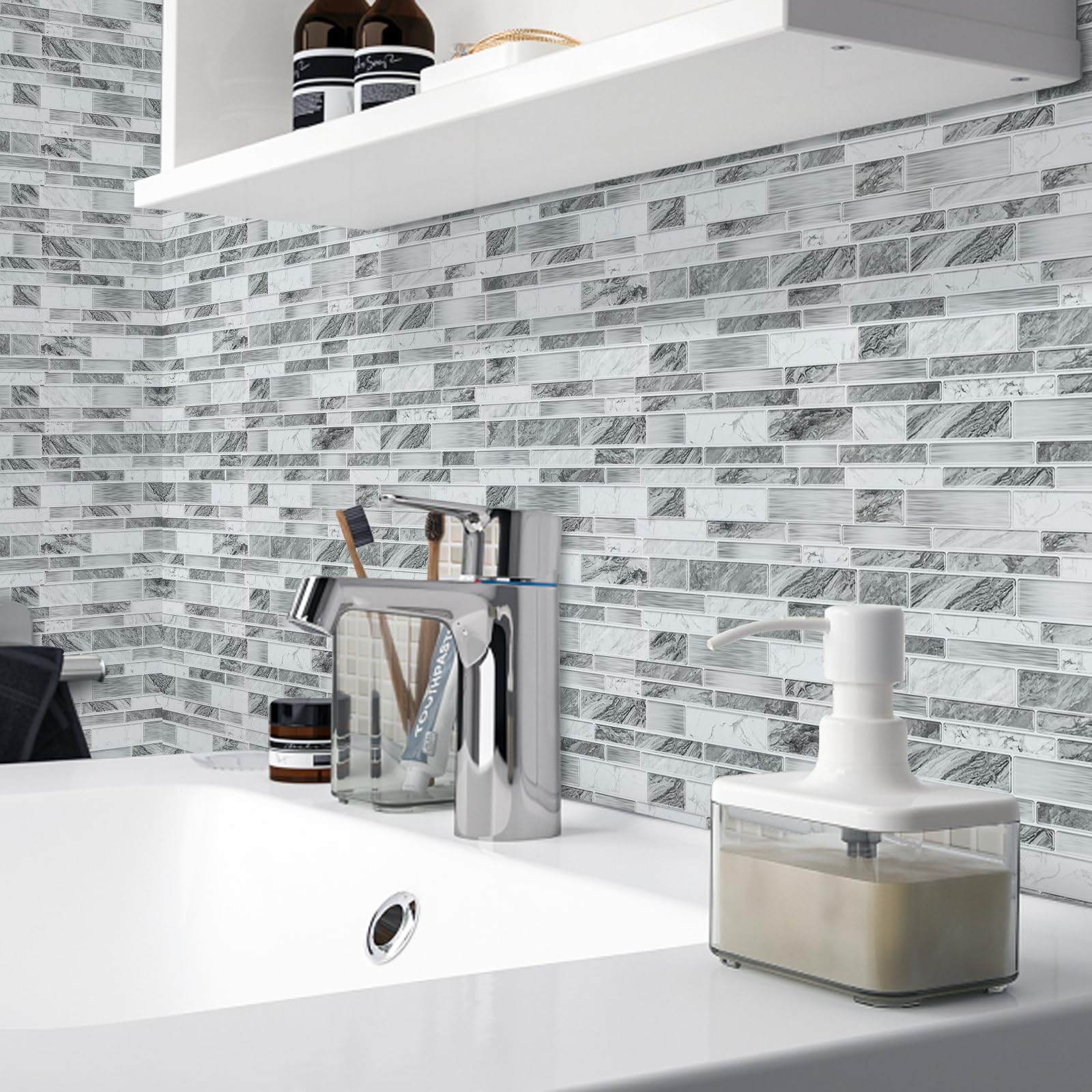 FunStick Piastrelle Adesive Cucina Bianco Mosaico Adesivi per Mattonelle Cucina Decorativi Mattonelle Adesive Bagno Mosaico Paraschizzi Adesivo Muro Bianco Rivestimento Parete 30×30CM 5 Piastrelle 3D