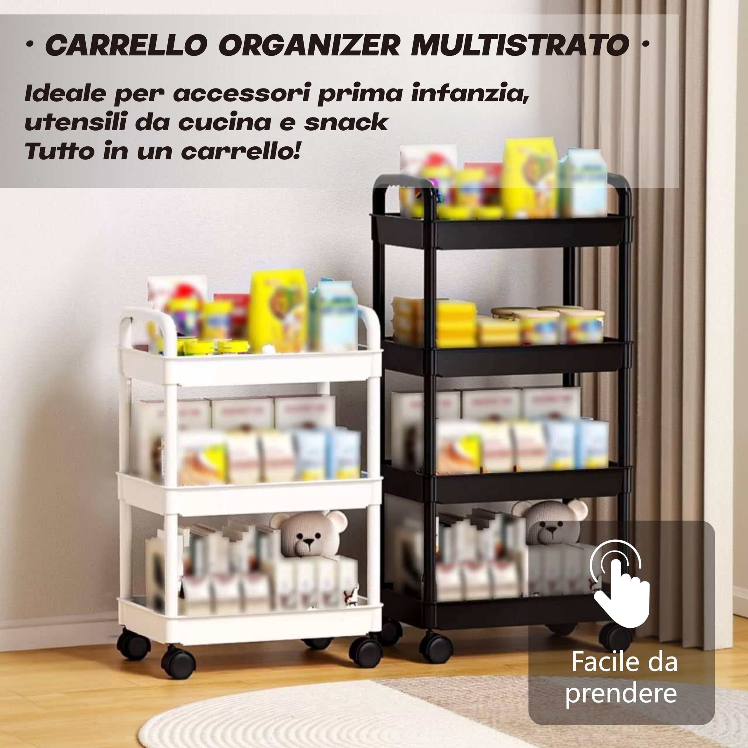 Carrello con Ruote a 3 Livelli,Carrello Portaoggetti con Rotelle,Salvaspazio Carrellino da Cucina,Ufficio,Bagno,Camera da Letto, Soggiorno (nero, 3)