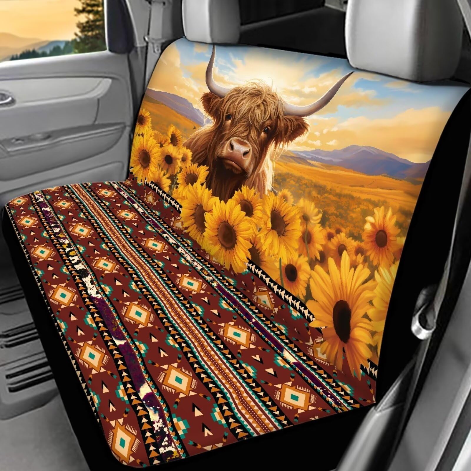 BYCHECAR Western Car Back Seat Cover Protecor for Pets Dog Scratch Proof Rear Seat Covers Highland Cattle Sunflower Auto Split Bench Seat Backrest Saddle Blanket Protector