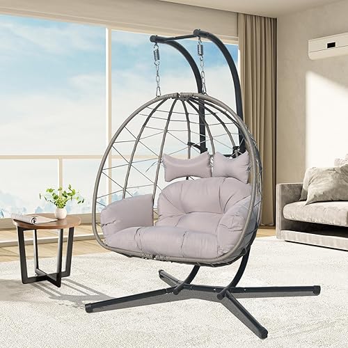 Hamaca doble con forma de huevo, silla de huevo para 2 personas, columpio al aire libre con soporte, silla colgante de mimbre ampliada y ampliada,