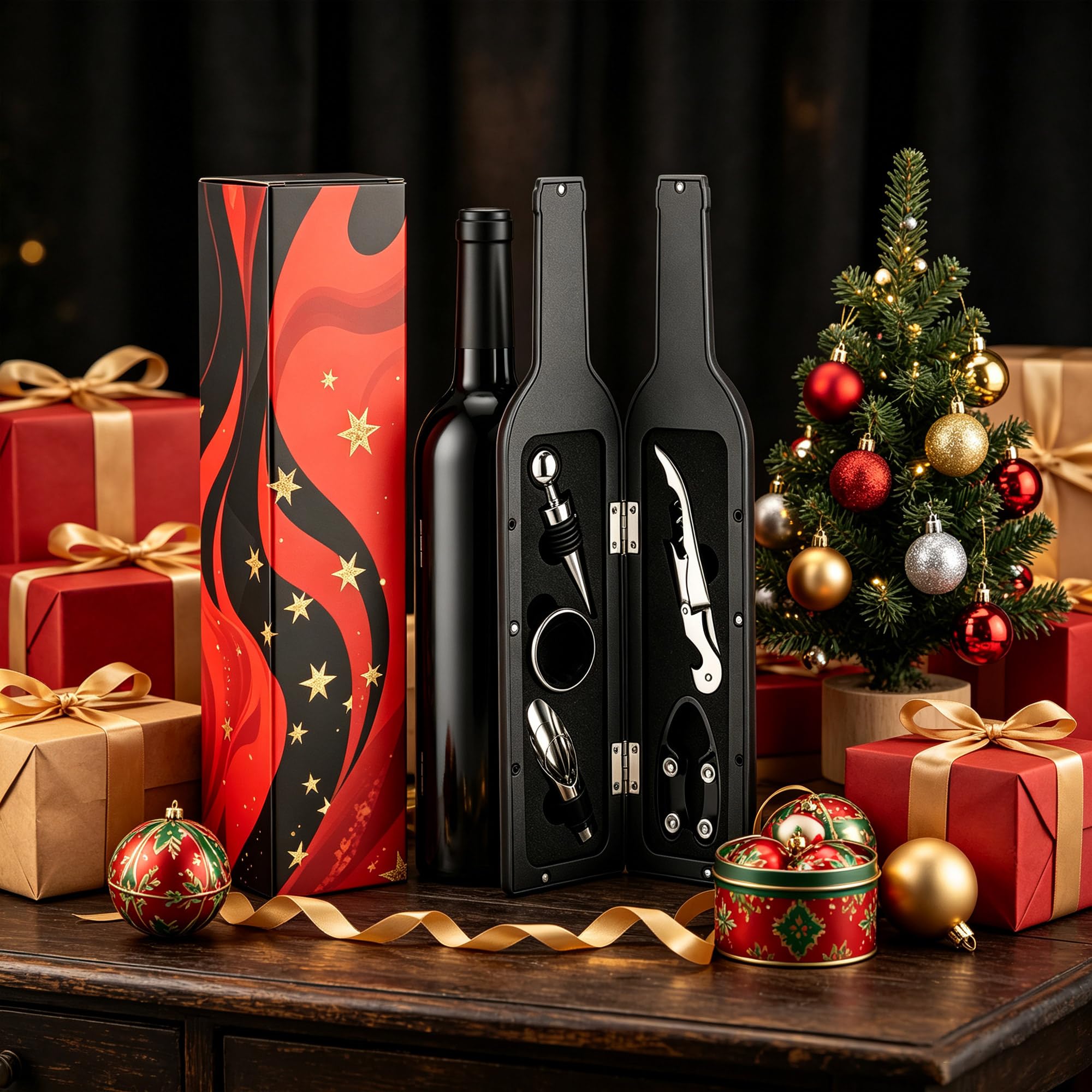 KINGROW Set regalo accessori vino nero con 5 strumenti in valigetta