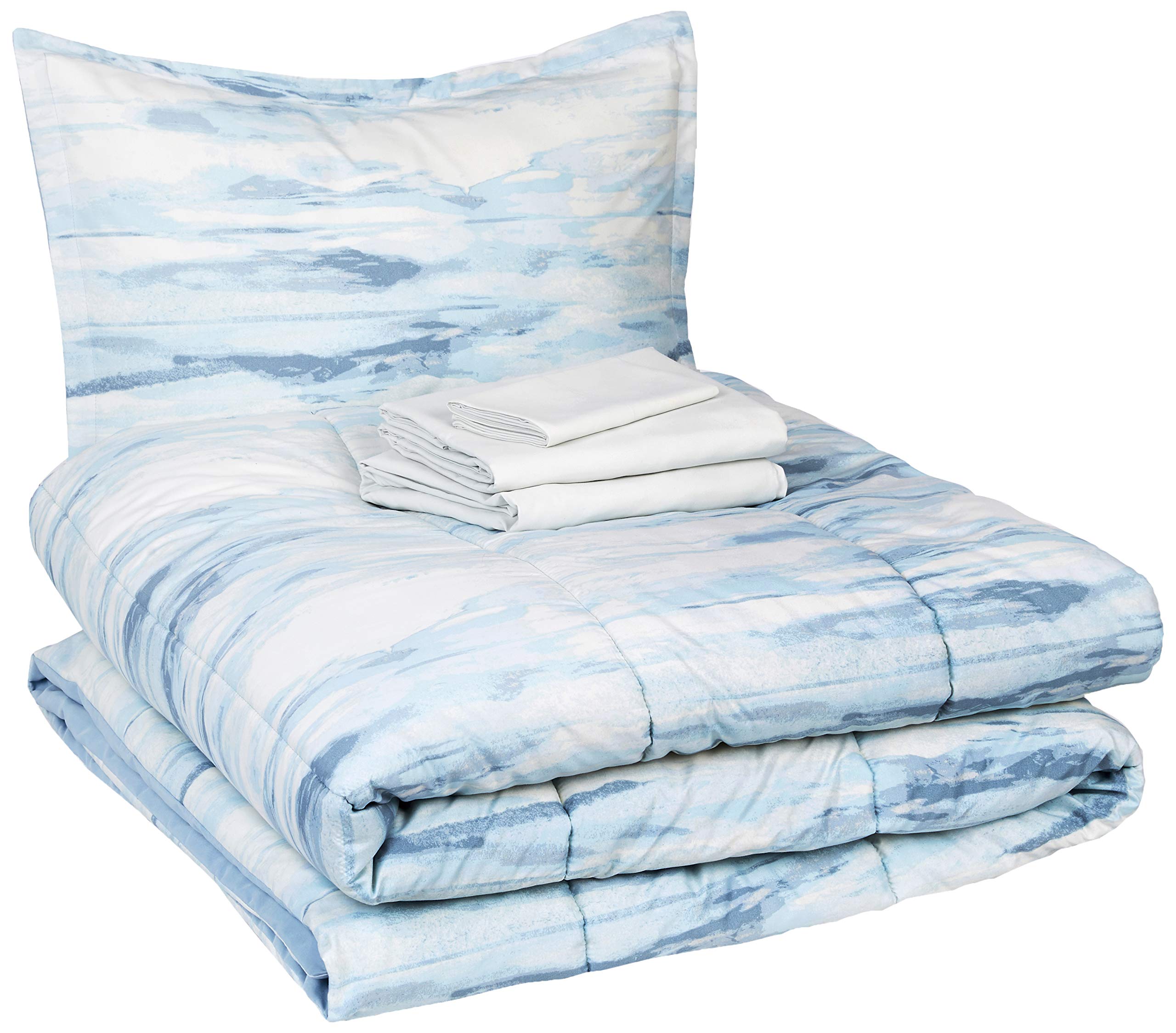 Amazon Basics 6-Piece Ultra-Soft Microfiber Bed-In-A-Bag Comforter Bedding Set - Twin/Twin XL, Blue Watercolor