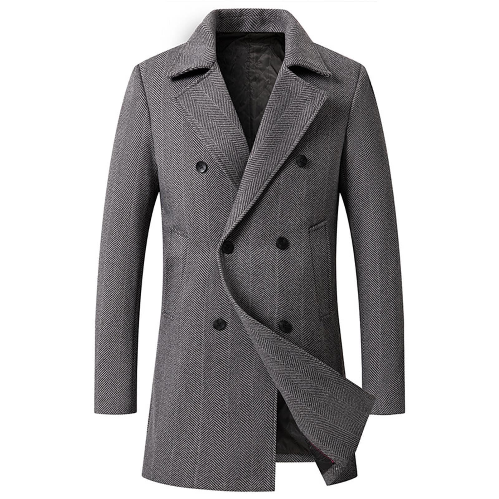 Cappotto Uomo Invernale,Men’s Anoraks | Cappotto di lana doppiopetto scozzese di media lunghezza per uomo in tonalità unita stile autunno/inverno linea elegante