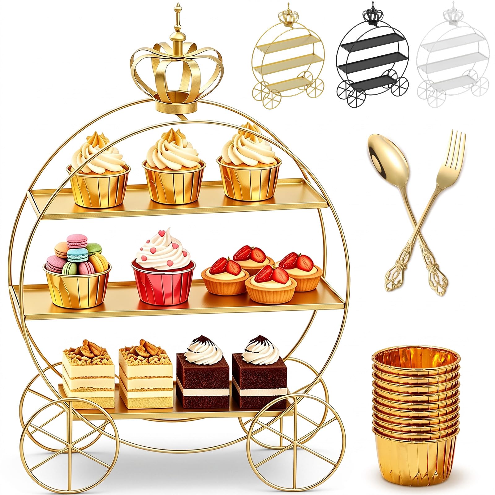 Soporte para pasteles con forma de carruaje corona de 3 niveles, bandeja para servir dulces y galletas de varios niveles, expositor de torre de postres con tazas gruesas para pasteles (Gold)