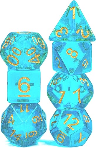 Miniatura 3 de UDIXI Juego de 7 dados poliédricos rellenos de polvo Aurora dados DND azul aguamarina para mazmorras y dragones dados DD para RPG MTG y otros juegos
