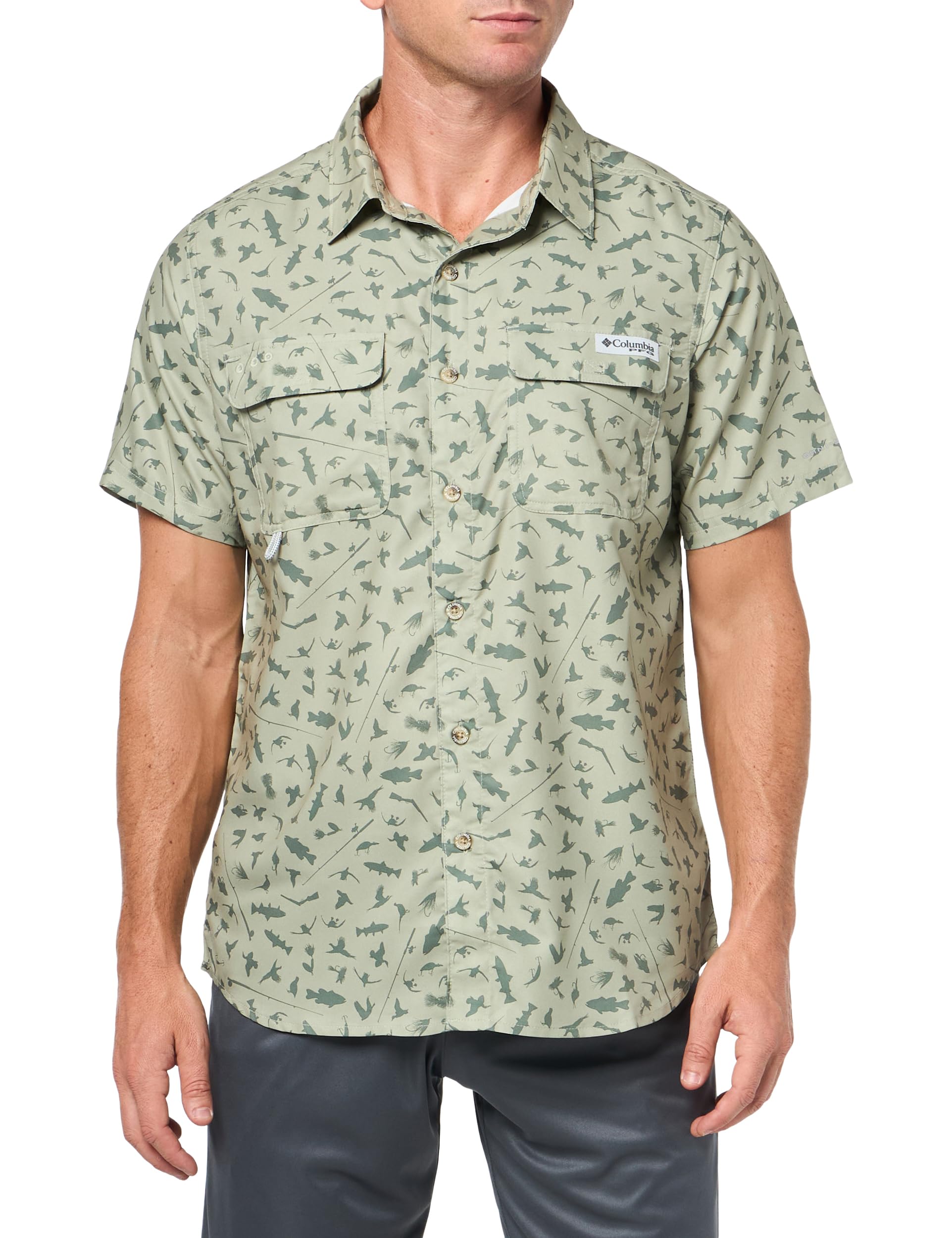 Columbia Men's PFG Uncharted Printed Short Sleeve Shirt, Smokey Sage Cast N Blast, Medium
