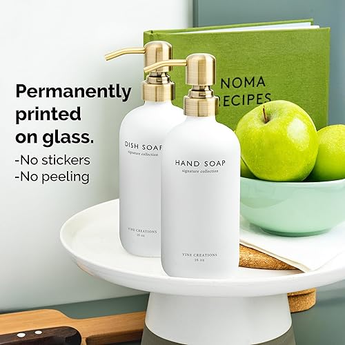 Miniatura 3 de Vine Creations Juego de dispensador de jabón de vidrio blanco, dispensador de jabón para platos y jabón de manos con bomba de acero inoxidable,