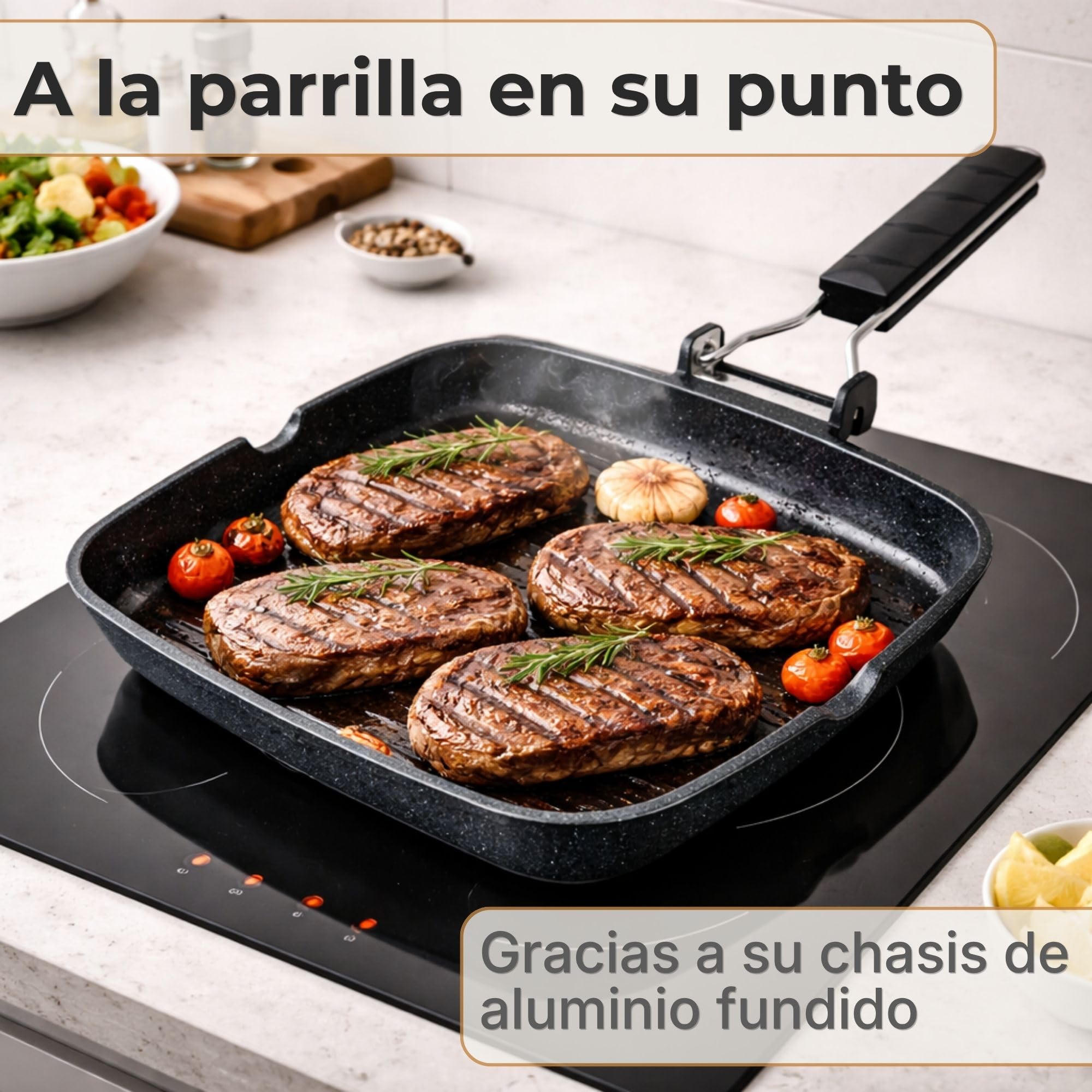 NAMAI - Sarten Grill Para Induccion 35 CM x 24 CM, Revestimiento Antiadherente, Aluminio Fundido a Presión, Apto Para el Lavavajillas, Asa Plegable que Ahorra Espacio (35 x 24 CM)