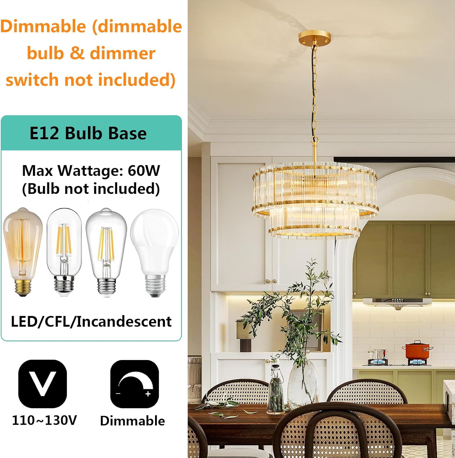 Ripple Glass Drum Chandelier, 2-Tier Gold Pendant Light, Adjustable Height Modern Ceiling Light Fixture for Dining Room Kitchen Entryway Bedroom Foyer, 6-Light E12, D18 * H19.2~49inch