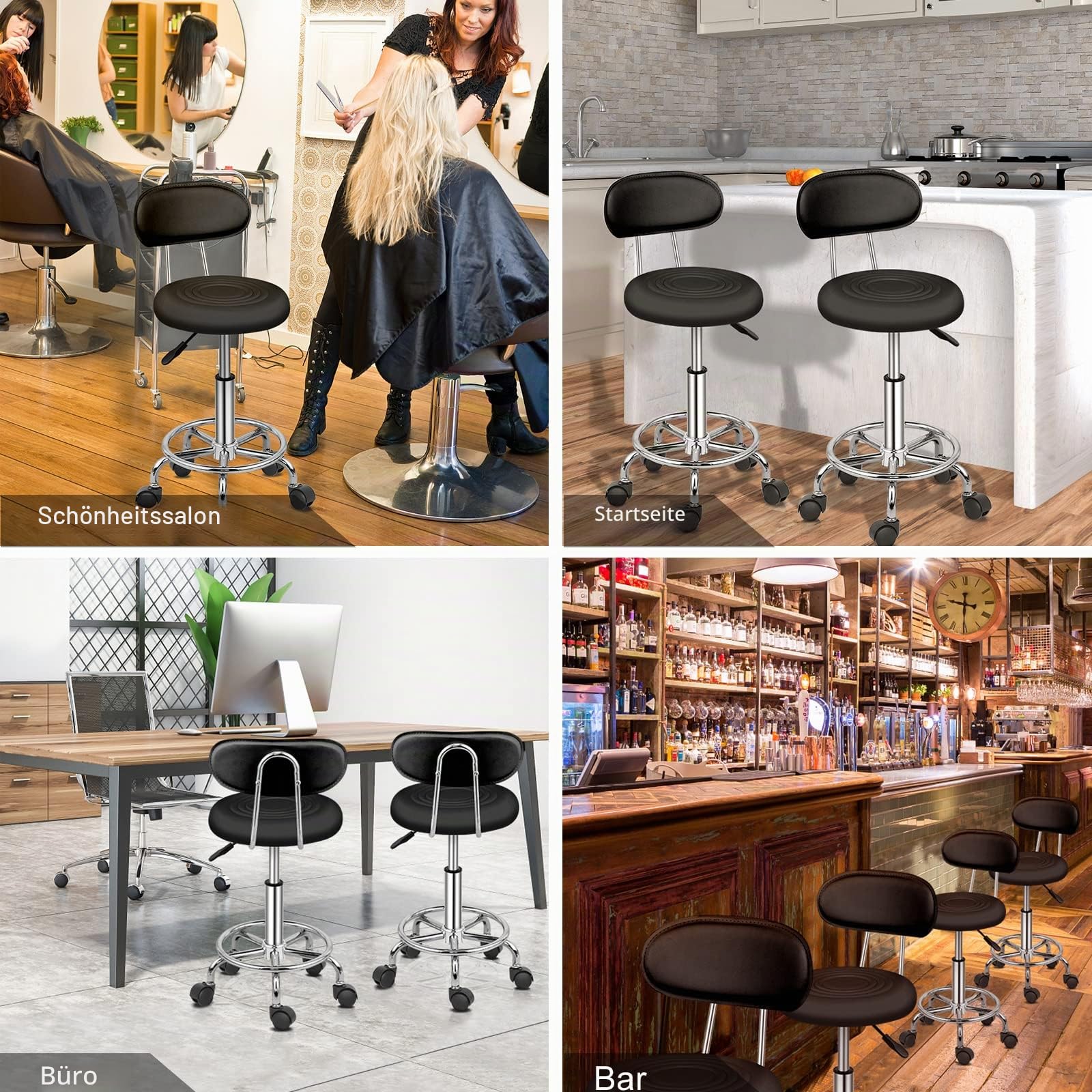Bonnlo Rollhocker Arbeitshocker Bürohocker Höhenverstellbar mit Rückenlehne Drehhocker für Büro/Salon/Bar, Kunstleder Schwarz mit Rückenlehne