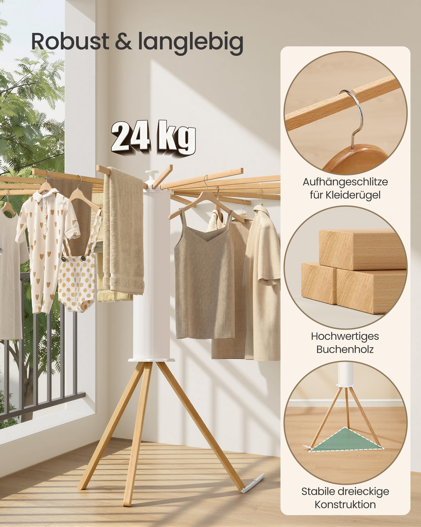SONGMICS Wäscheständer klappbar, Wäschespinne tragbar, 16 Arme aus Holz, naturfarben LLR530YW01