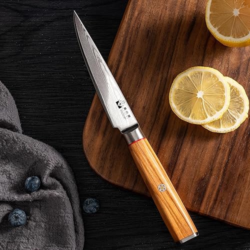 Miniatura 4 de FUJUNI Damasco Cuchillo utilitario - Cuchillo de cocina pequeño de 5 pulgadas Damasco VG10 de acero de 67 capas - Mango de madera de olivo -