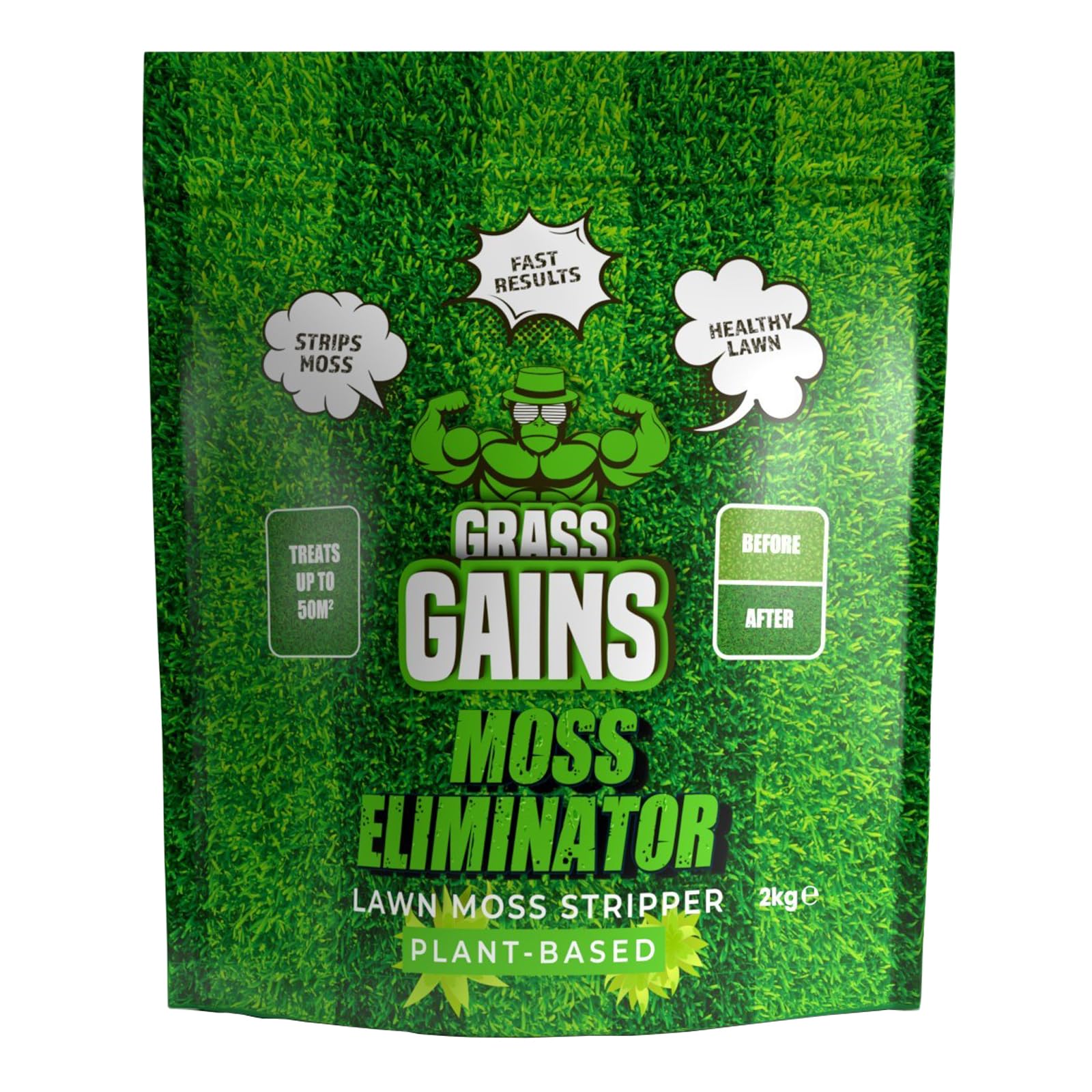 Grass Gains Premium Organic Moss Eliminator, Plant Based Moss Remover, Eco-Friendly Lawn Moss Control, Fast Results, Specifically Engineered Lawn Care - 2KG, Coverage 50m2