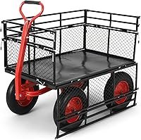 GarveeHome 1400lbs Heavy Duty Steel Garden Cart Wagon: Removable Mesh Sides, 16" All-Terrain Wheels, 180° Rotating Handle for Yard & Farm