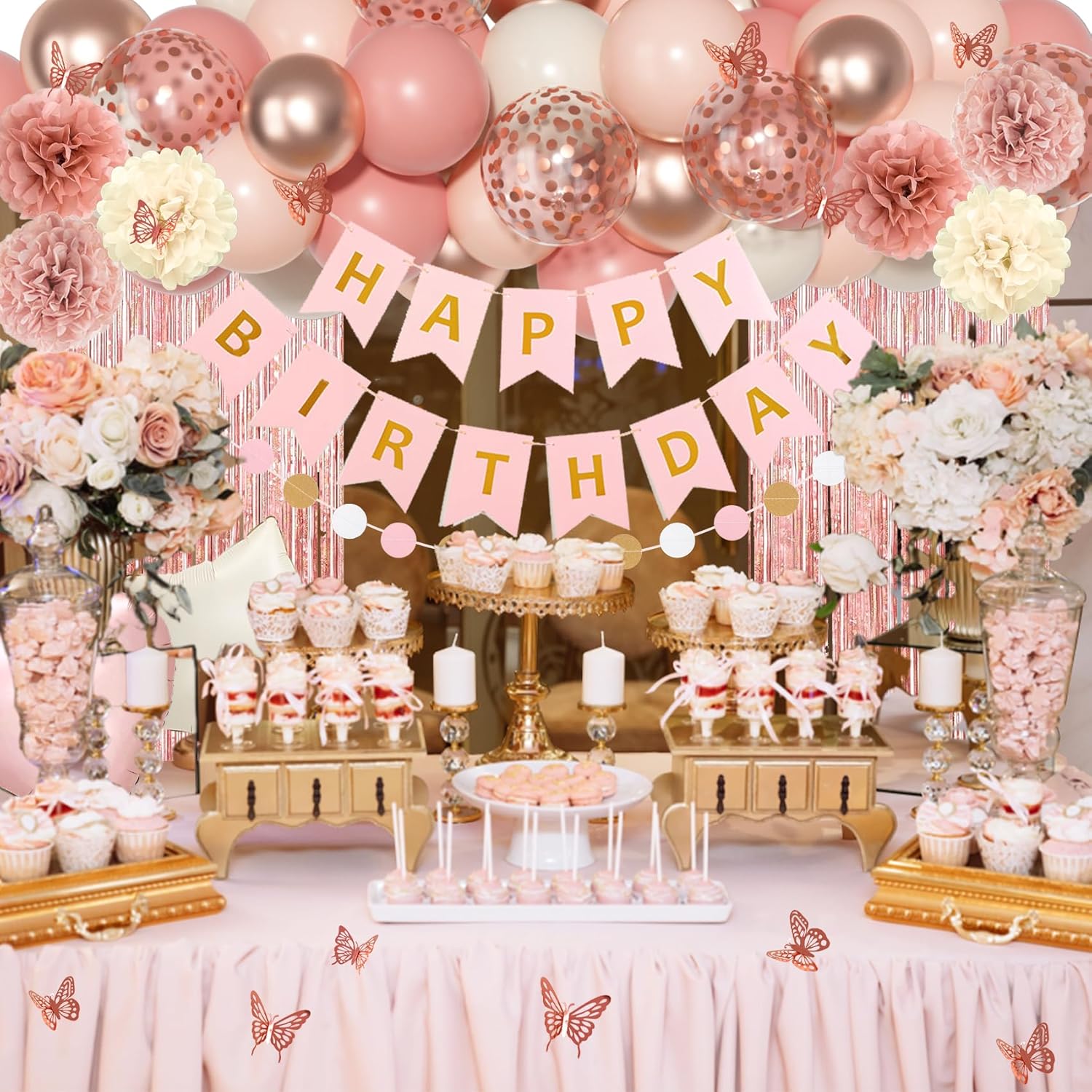 Pink Birthday Party Decorations, Dusty Pink Sand Confetti Rose Gold Balloons Happy Birthday Banner Fringe Curtains Butterfly Hanging Swirls Circle Dots Tassels Pompoms for Women Girls Party Supplies - Image 7