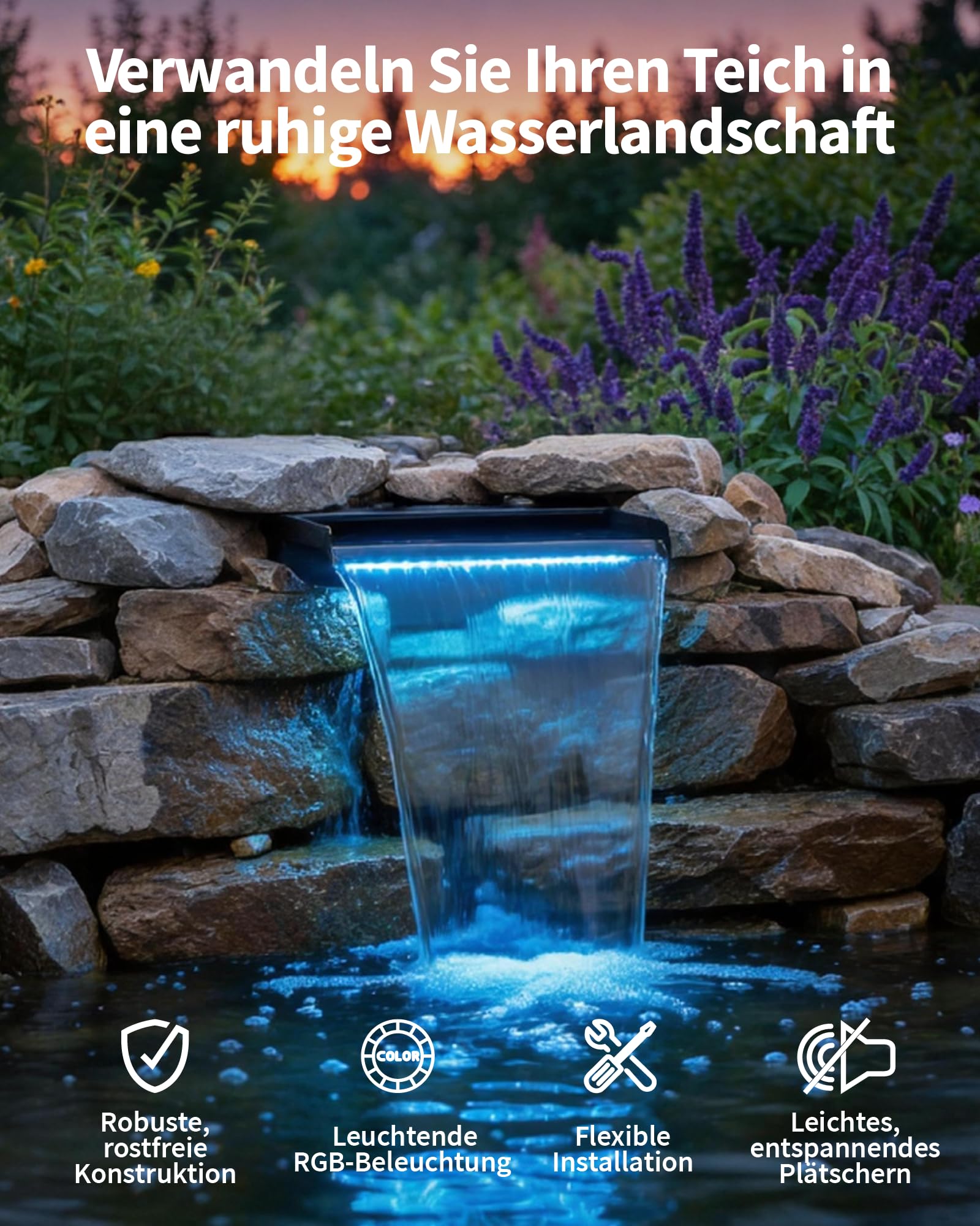 POPOSOAP Cascada de estanque de 20 cm de ancho, caja de cascada de acero inoxidable con bomba de estanque de 2500 L/H, cadena de luces LED de cambio de color controlada por control remoto, juego de
