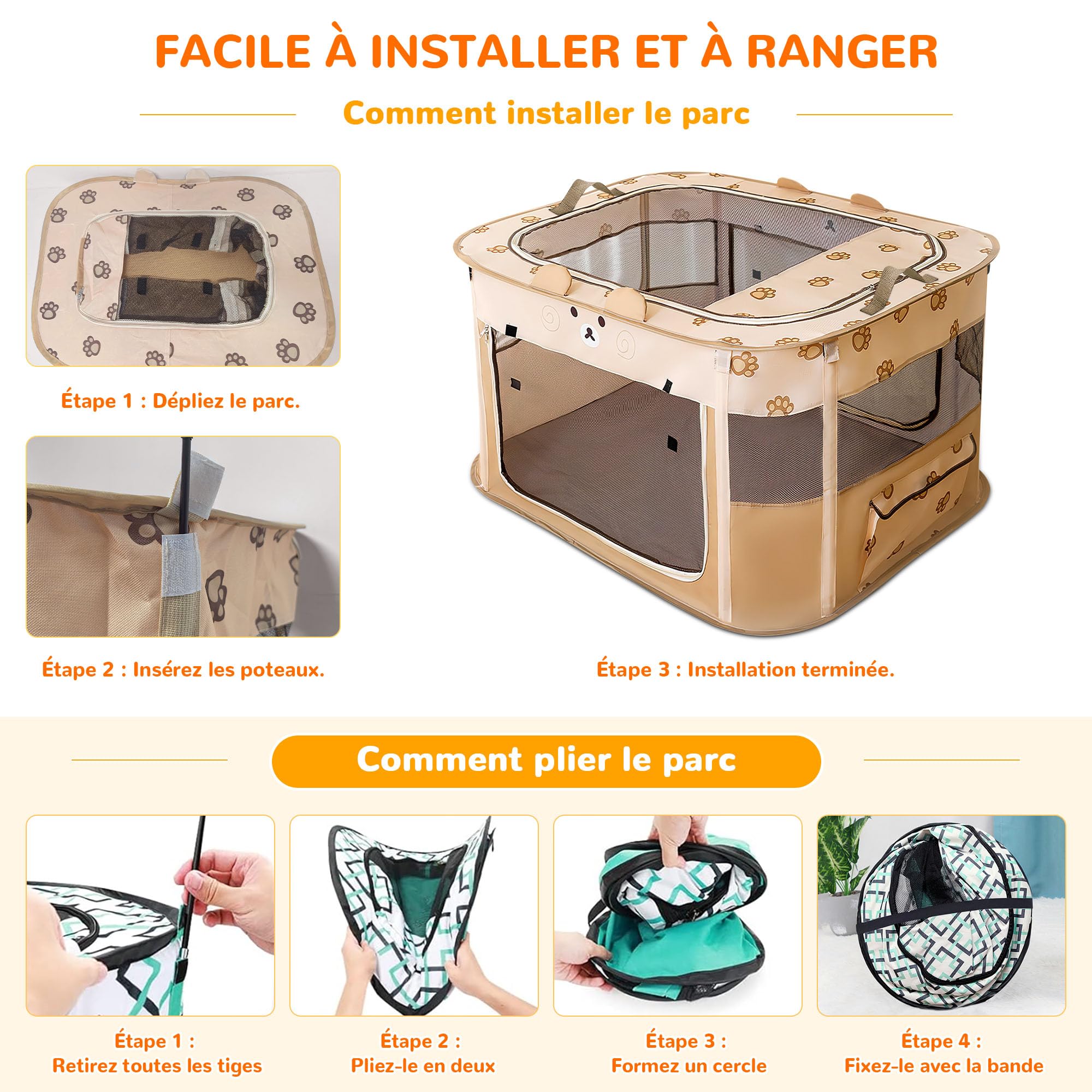 ALLSOPETS Parc pour Chien Pliable, Enclos Portable pour Chiot Chat Lapin, Tente Respirante d’Intérieur/Extérieur avec Sac de Transport, Idéal pour Voyage et Camping (Ours Marron, XXL)