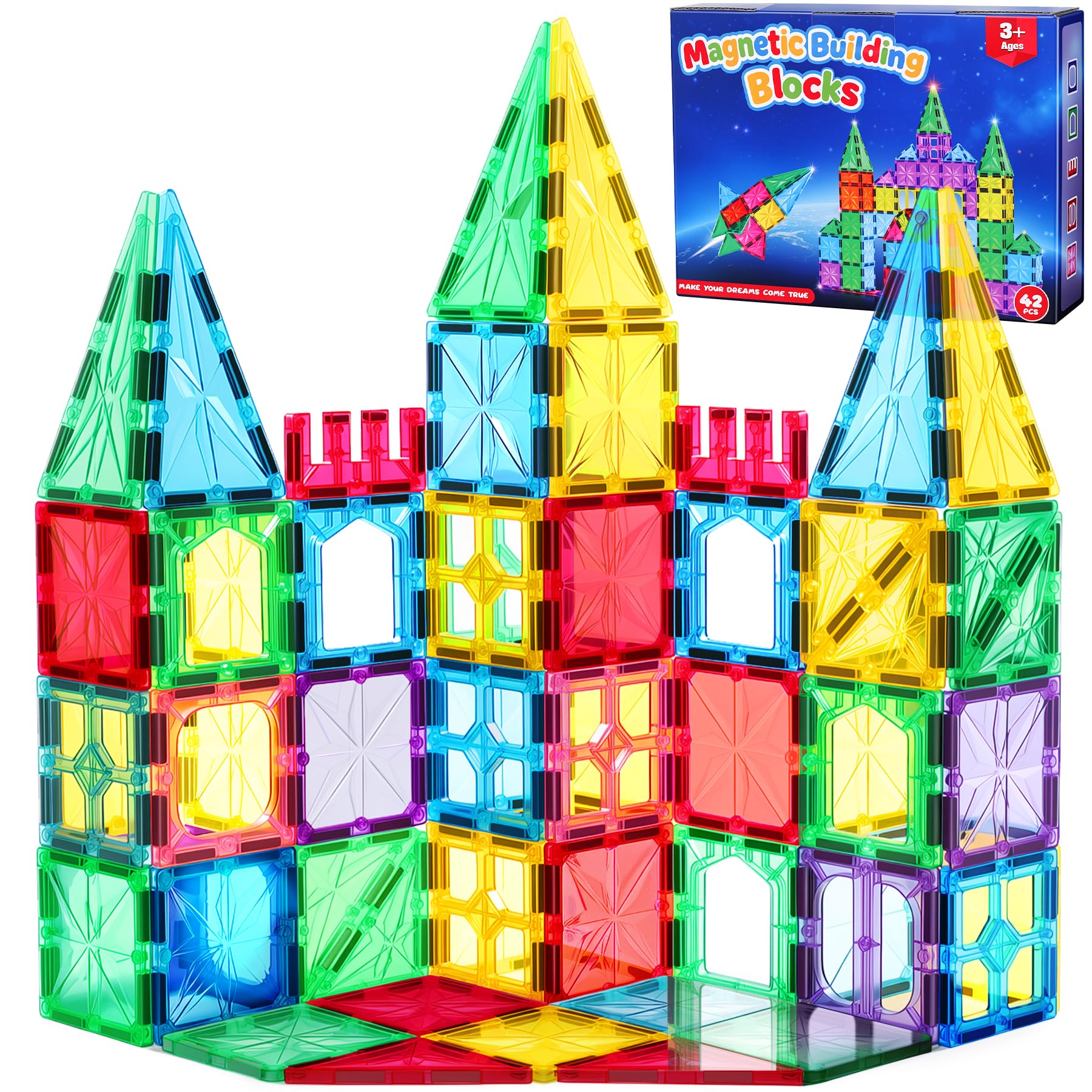 WOOBLO Magnetische Bausteine, Magnetspiel STEM Montessori Spielzeug ab 3 Jahre, Magnete Spielzeug ab 3 4 5 Jahre, Lernspielzeug, 42 Teile Magnetbausteine, Geschenk für Kinder Jungen Mädchen Abnehmbar