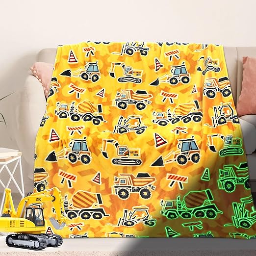 Excavator Blanket Construction Gifts for Kids Glow in The Dark Truck Blanket Soft Tractor Toys Throw Blankets Boys Car Theme Decor Blankets