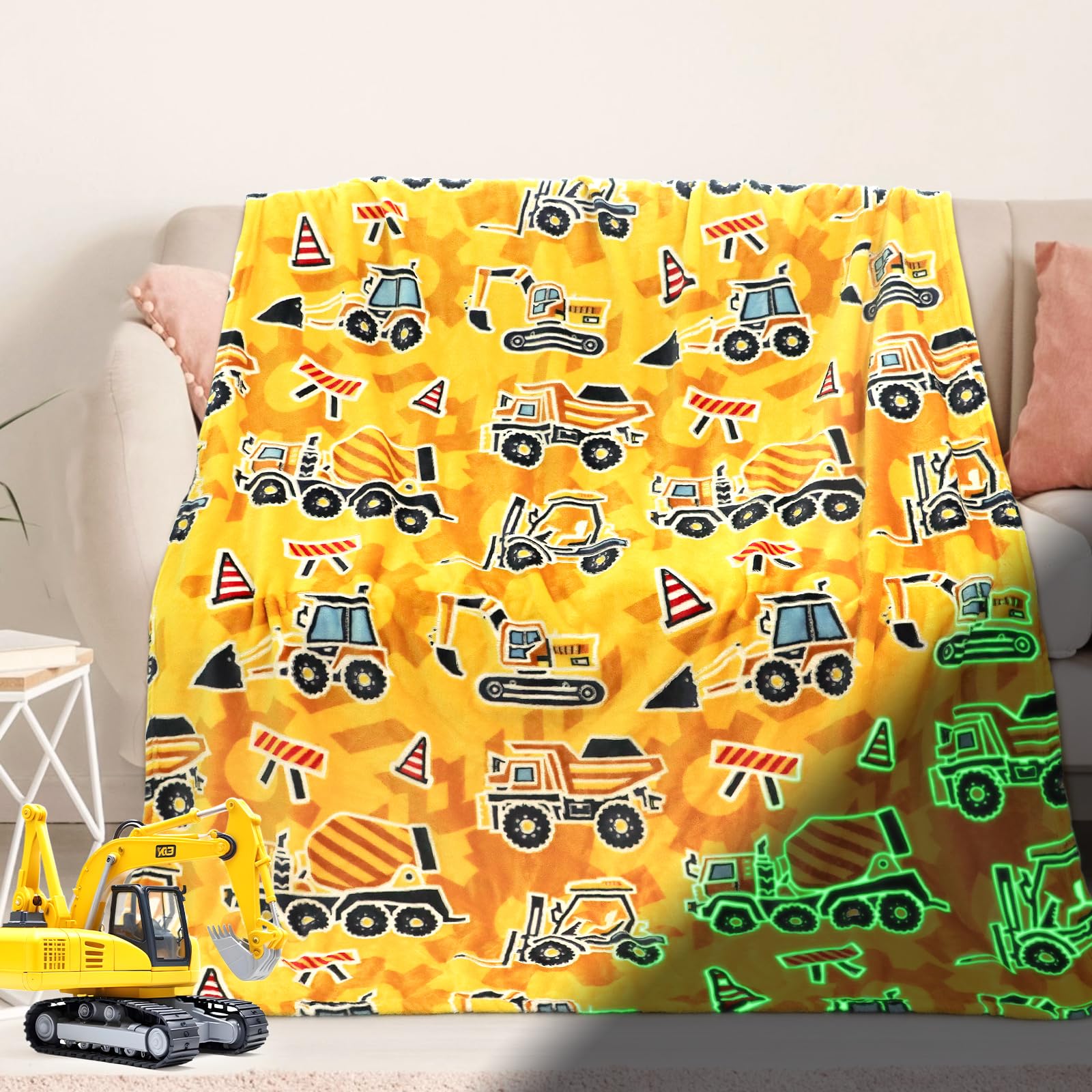 Excavator Blanket Construction Gifts for Kids Glow in The Dark Truck Blanket Soft Tractor Toys Throw Blankets Boys Car Theme Decor Blankets