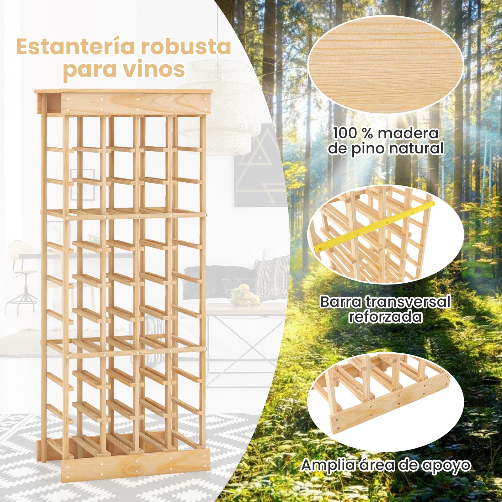 GOPLUS Botellero Independiente para 40 Botellas, Estante de Almacenamiento de Vino con Tablero, Dispositivo Antivuelco, Estante para Botellas de Madera Maciza de 10 Niveles, Natural