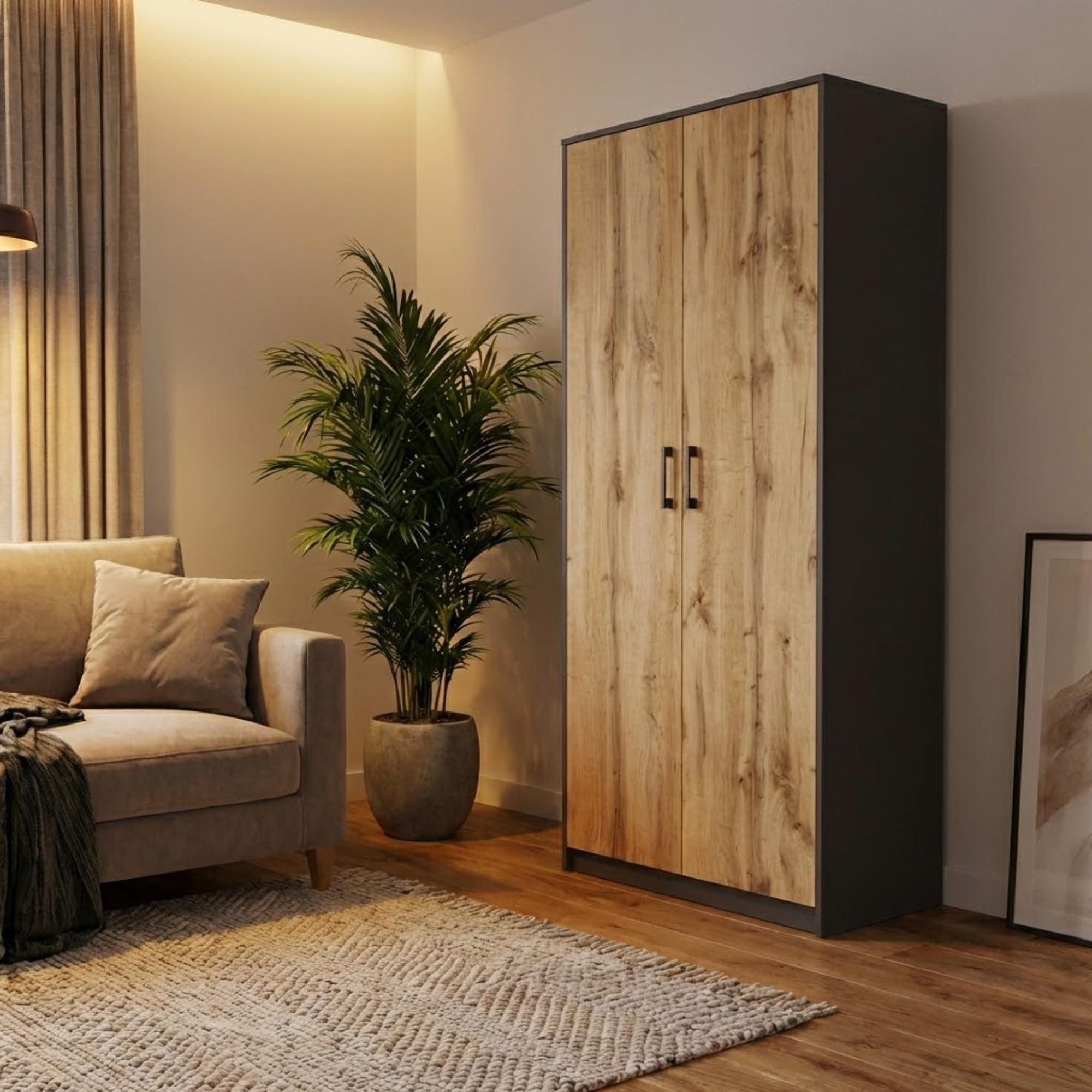 Home Collective Mehrzweckschrank mit 8 Fächern Besenschrank Haushaltsschrank in mattem Finish mit 6 Einlegeböden und 2 Türen 74 cm breit aus Laminatplatte und hochwertigen Polymergriffen graphit Eiche