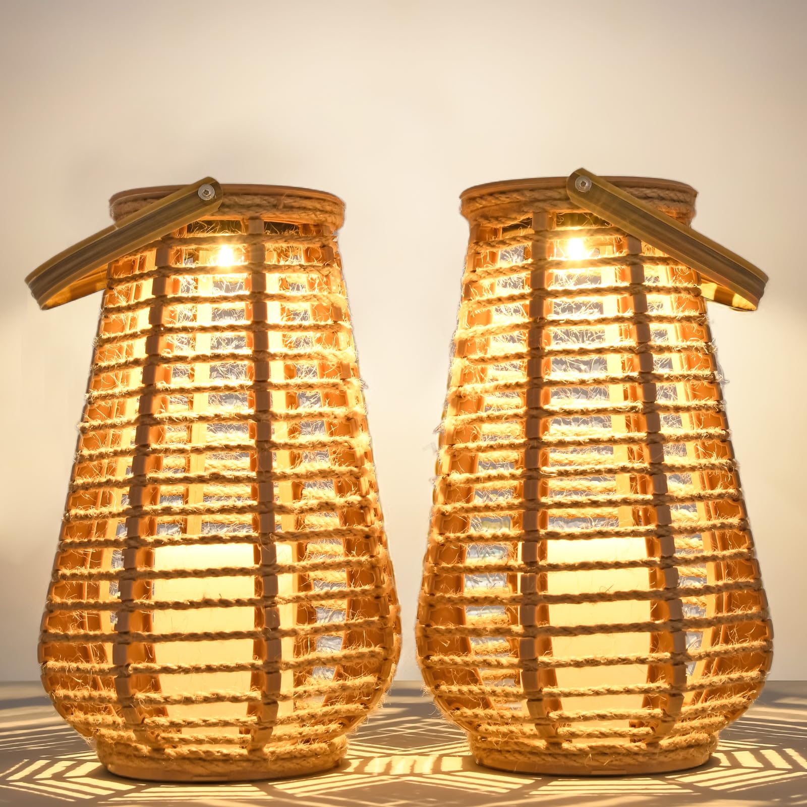 2-Pack Solar Lanterns for Outdoor Use – Hemp Rope LED Garden Lights, Durable & Waterproof, Hanging Lantern Perfect for Table, Patio and Pathway Lighting（9.8 inch