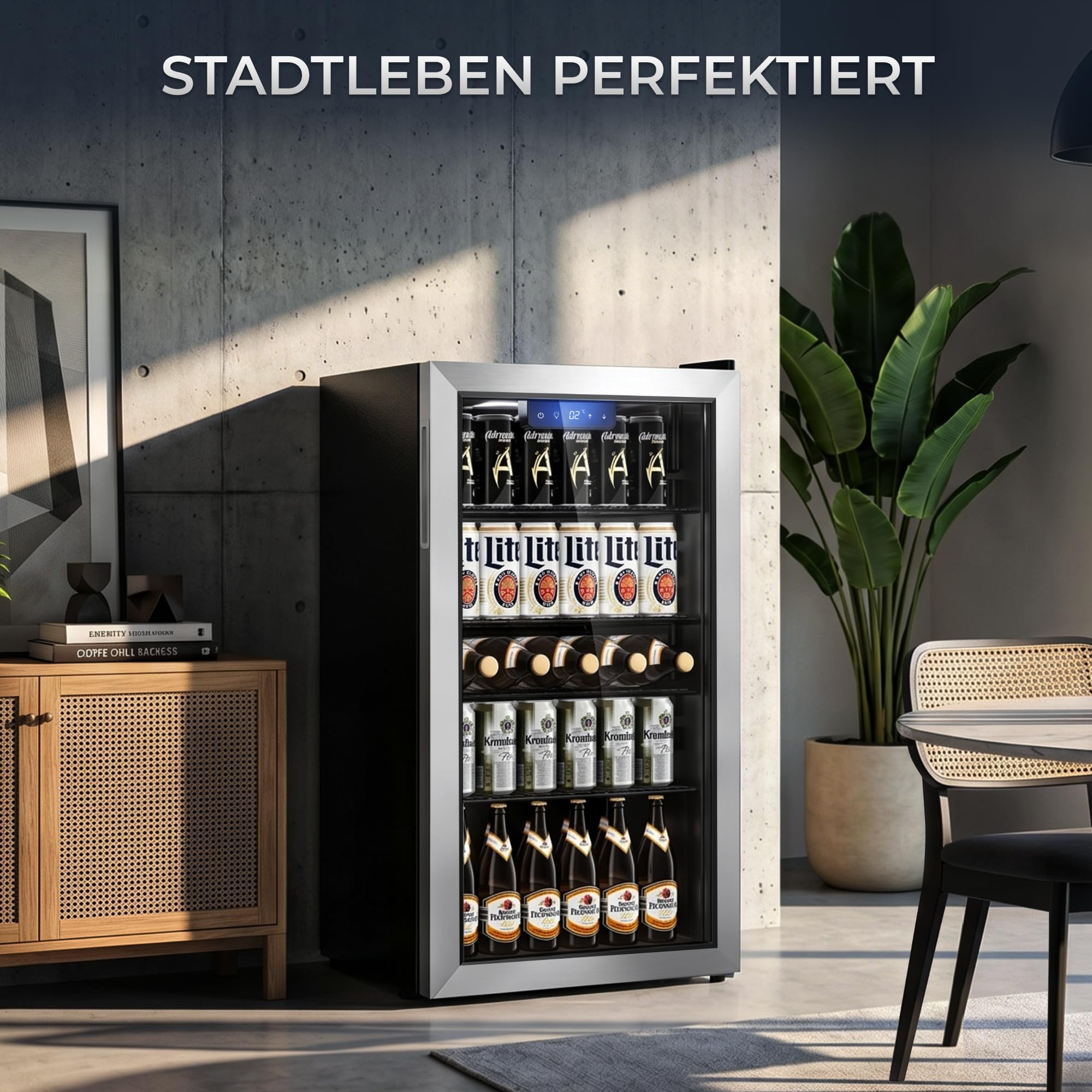 TRIUMPHKEY 86L Getränkekühlschrank Edelstahl-Türrahmen gleichmäßige Kühlung frostfrei 4 Ablagen 130 Dosen