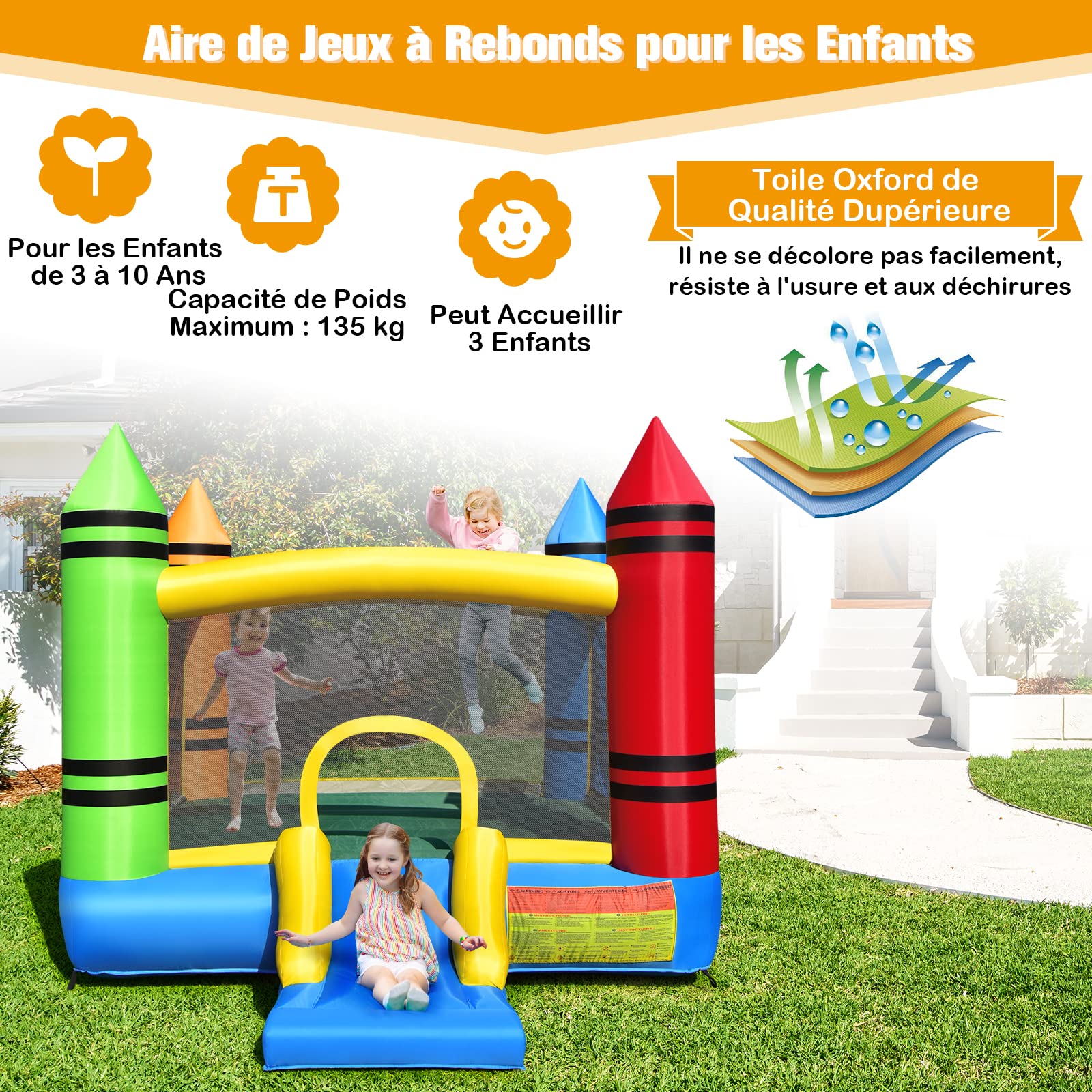 GOPLUS Château Gonflable avec Trampoline Toboggan Gonflable Motif Crayon, Escalade Idéal pour 2-3 Enfants 263x350x226CM (Crayon sans souffleur)