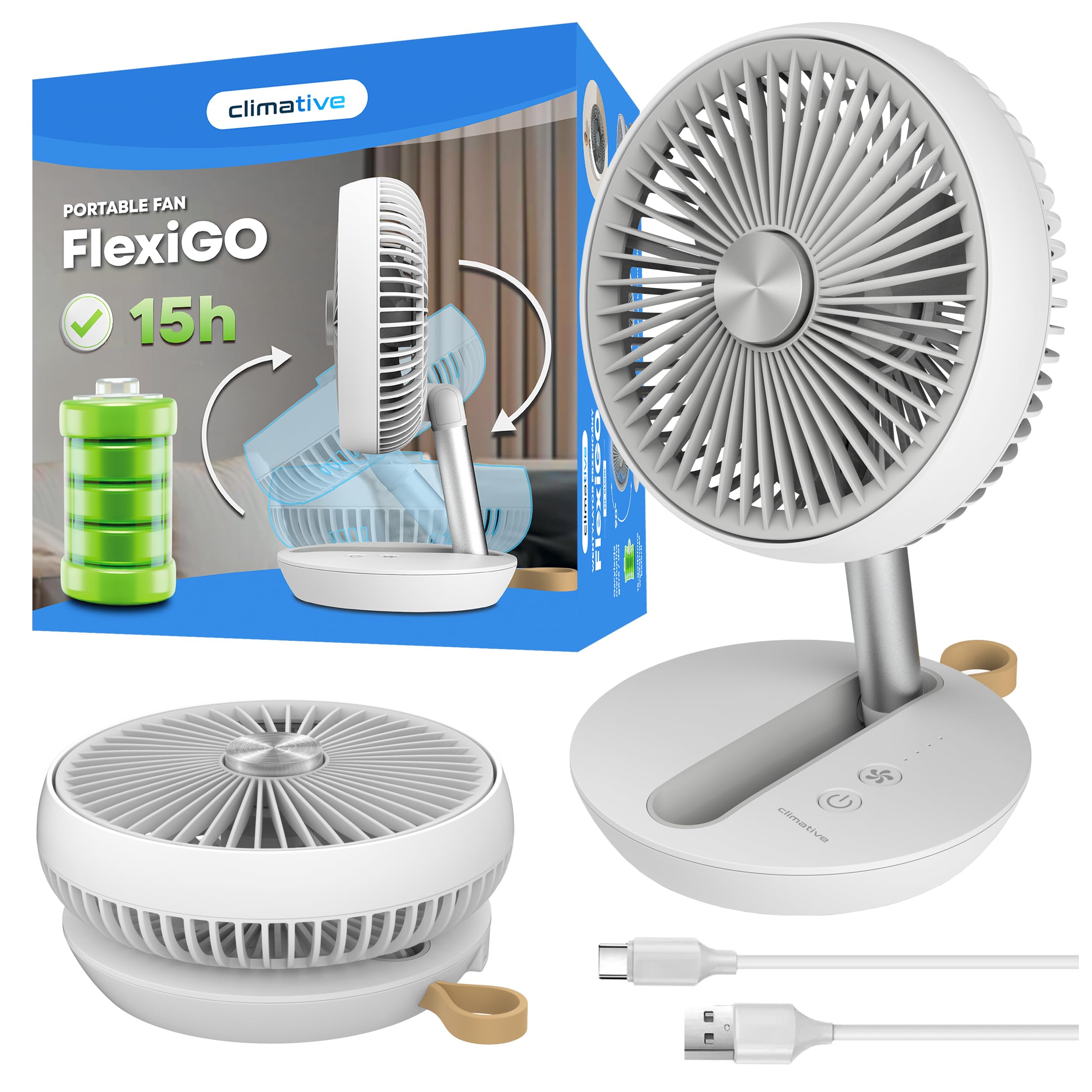 Tischventilator Sehr Leise Ø 19cm USB Ventilator Akku 15h Table Fan FlexiGo Faltbar 4 Modi 400 m³/h 180° Verstellbar Ventilator Camping & Büro Weiß