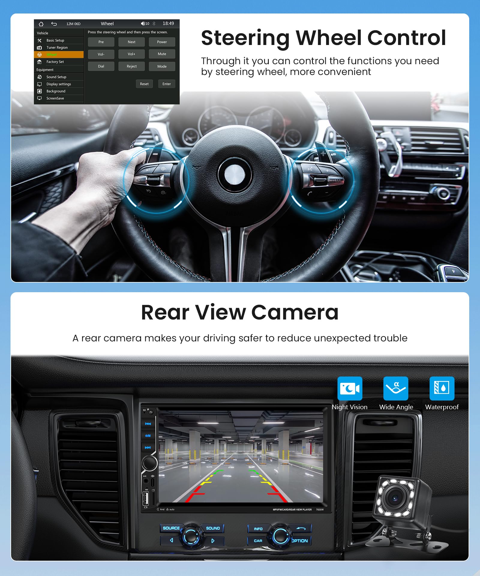 Rimoody Radio de Coche 2 DIN con Wireless Carplay,7 Pulgadas 2 DIN Stereo Auto Bluetooth con Pantalla HD con Android Auto Mirror Link GPS Navi FM/AUX/USB/EQ/DVR Control del Volante Cámara Trasera
