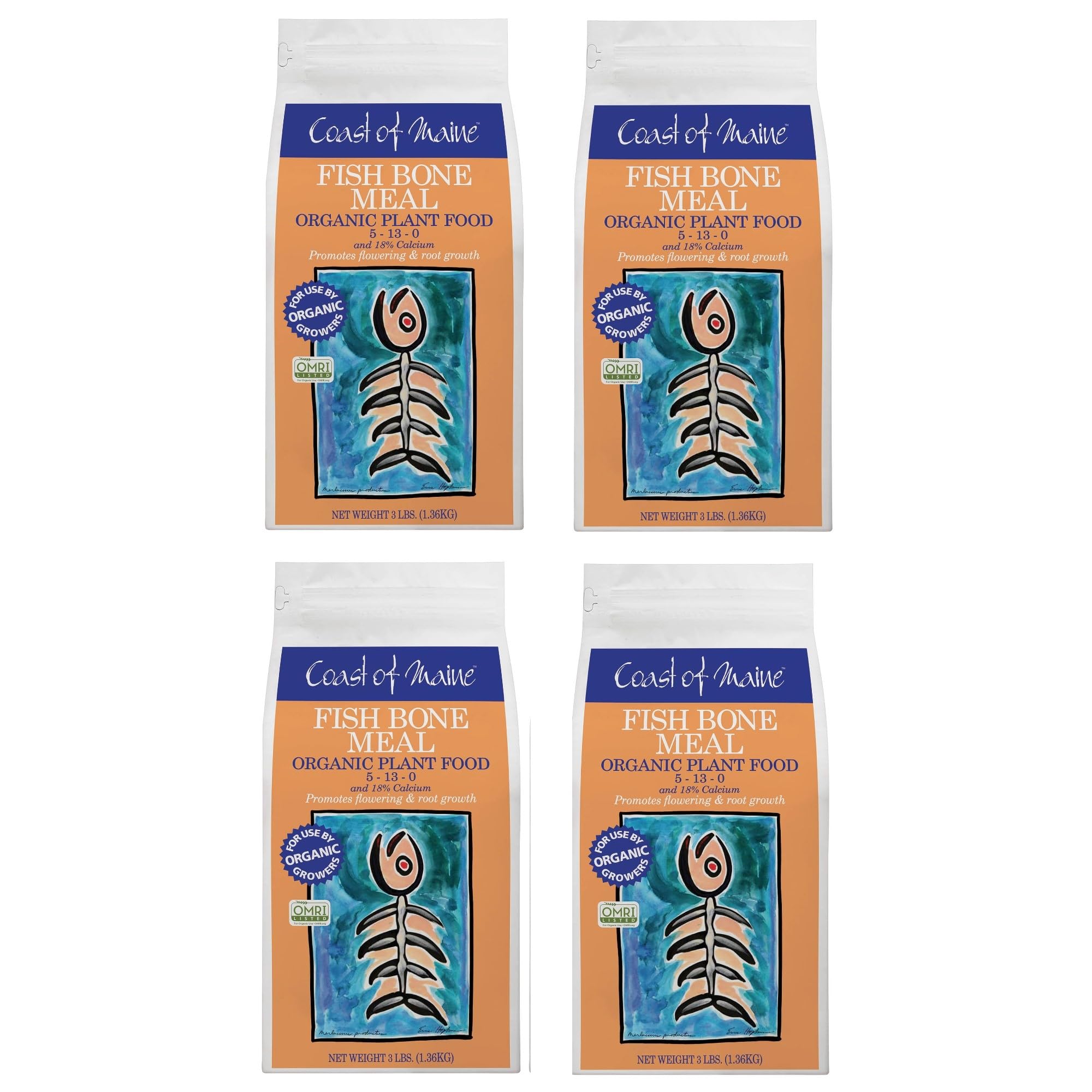 Coast of Maine, 3lb (Pack of 4) Fish Bone Meal Organic Plant Food and Calcium, OMRI Listed - Promotes Flowering and Root Growth