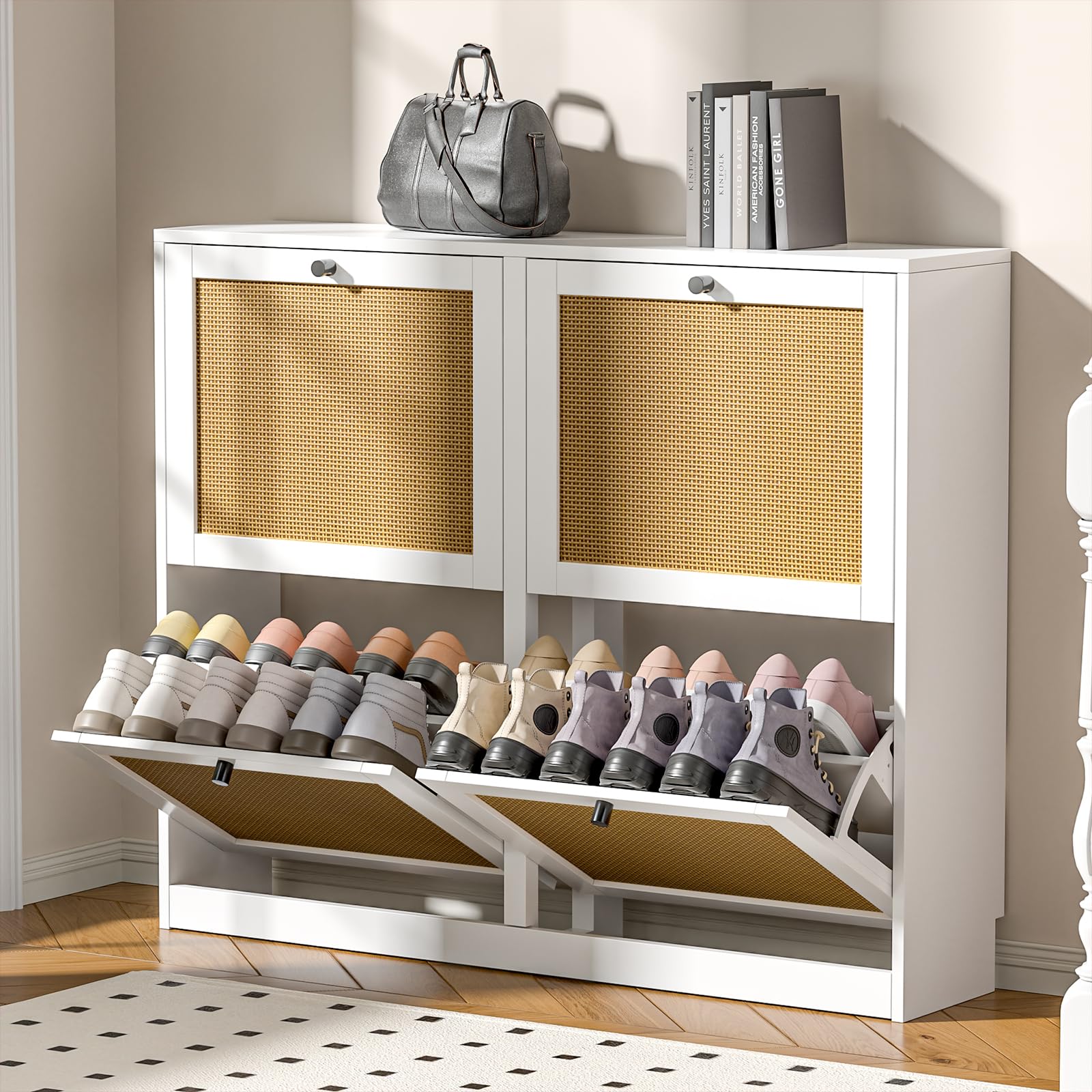 Mueble Zapatero de ratán con 4 Solapas Abatibles y Estantes Ajustables para 16-24 Pares de Zapatos para Pasillo Entrada 120x24x81 cm, Blanco