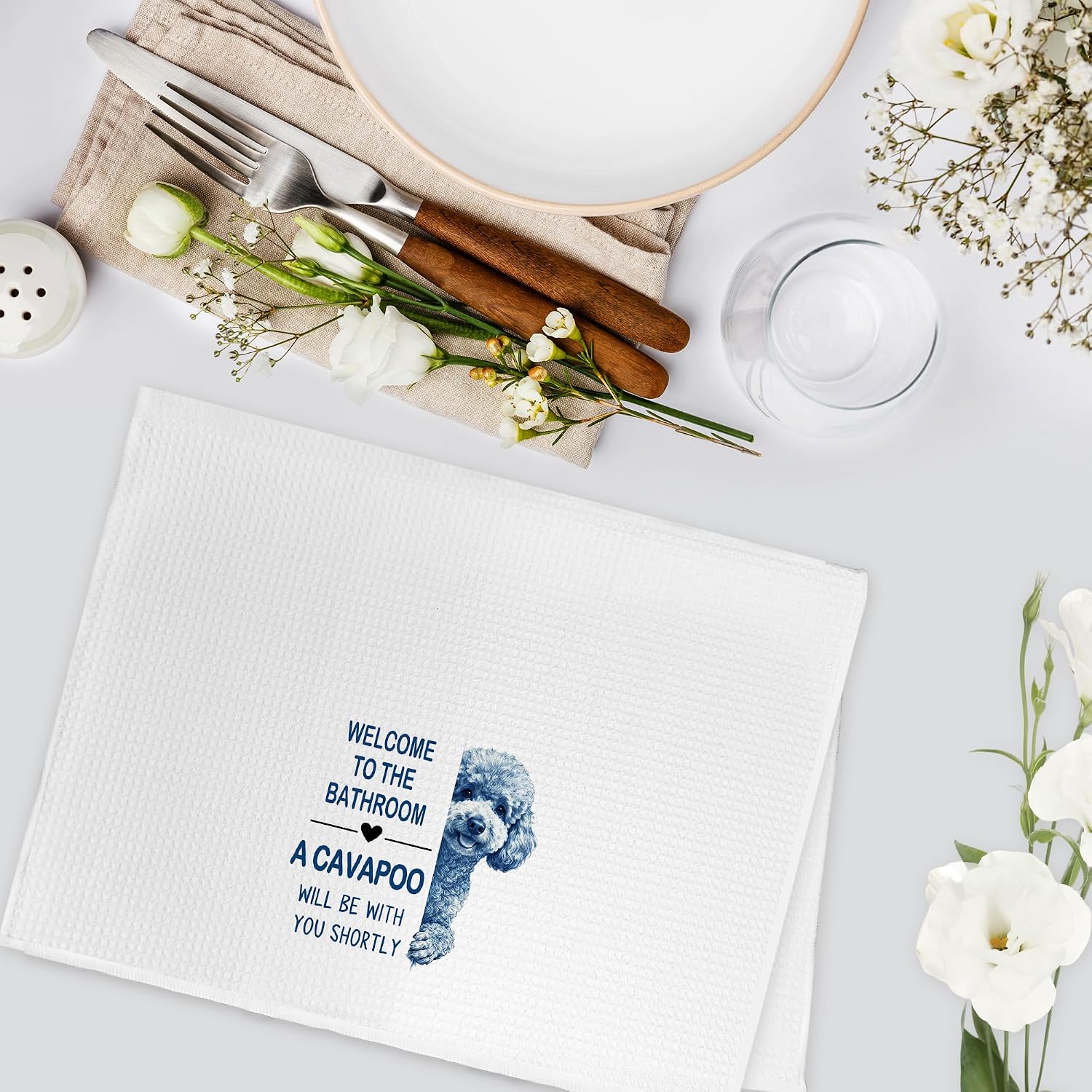 Funny Cavapoo Dog Hand Towels, Welcome to The Bathroom Hand Towels, A Cavapoo Will Be with You Shortly Dish Tea Towel for Kitchen Bathroom Decor, Dog Themed Gift for Women Men, 16x24 Inch image 3