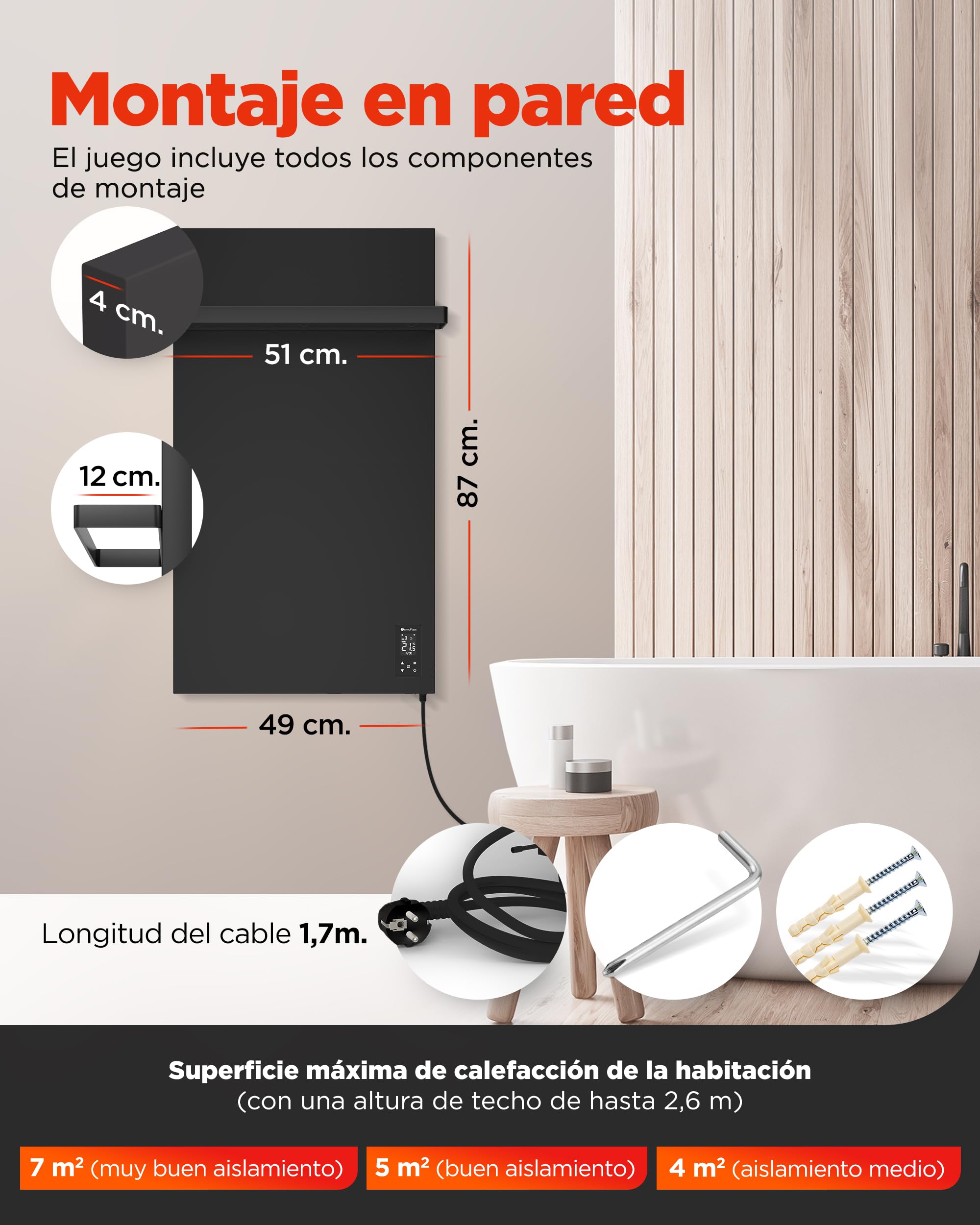 Termoplaza Toallero Eléctrico WiFi Baño Infrarrojo 270 Vatios hasta 7m2 - Radiador Eléctrico Bajo Consumo - Infrarrojo Calefacción - Radiador Toallero Negro - Calefactor Bajo Consumo