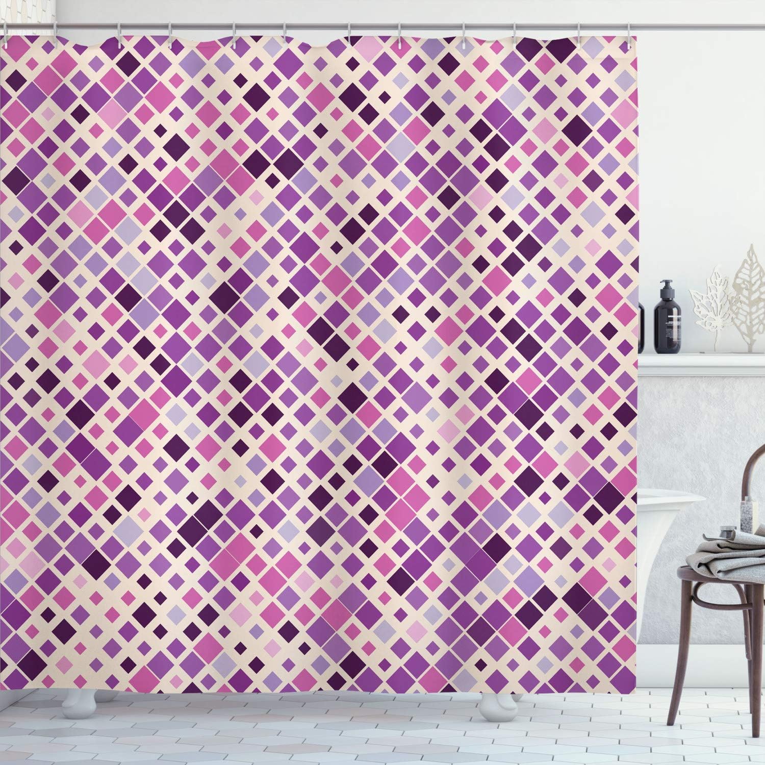 Ambesonne Ethnic Shower Curtain, Retro Mosaic Creative Pattern Square Rhythm Abstract Art Print Design, Cloth Fabric Bathroom Decor Set with Hooks, 75" Long, Cream Purple