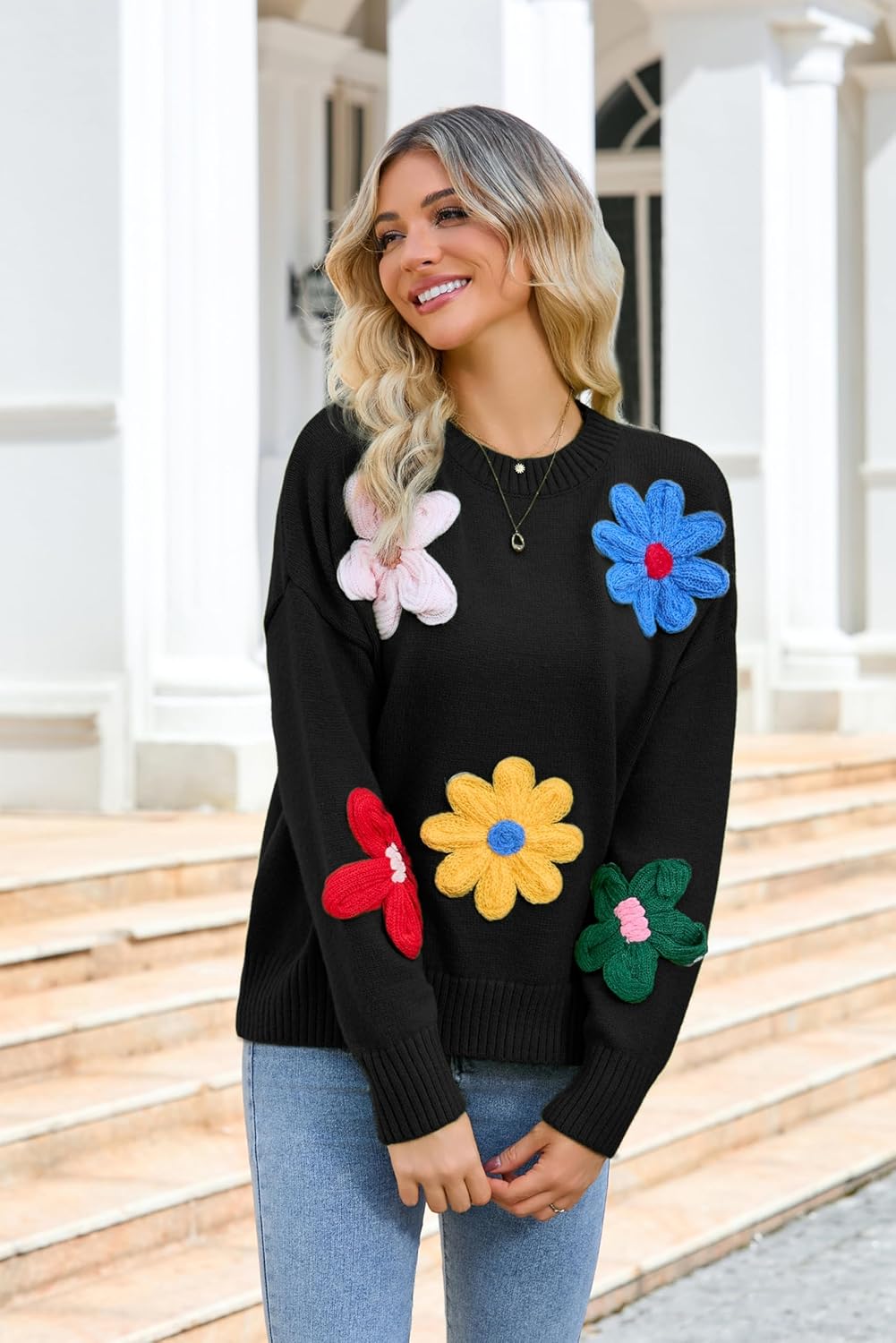 Women Floral Sweater Long Sleeve Round Neck Casual Lounge Colorful Flower Knit Pullover Top - Image 4