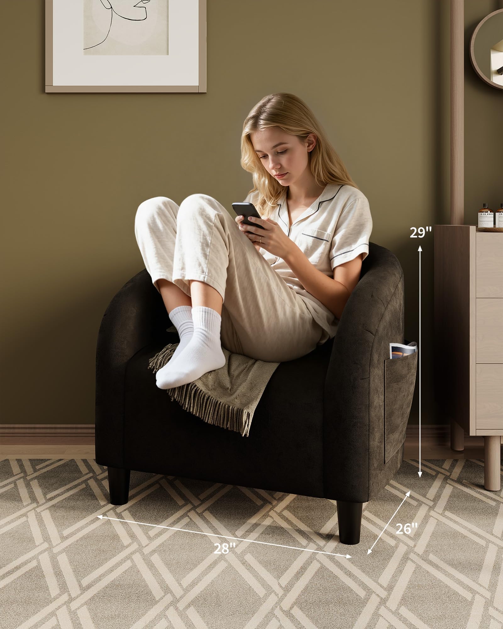 Garvee Eleganter Samt Einzelsessel – U-förmige Rückenlehne & gepolsterter Sitz – Komfortabler Club- & Akzentstuhl für Wohnzimmer, Schlafzimmer, Leseecke, Wartezimmer – Stabil & edel – Schwarz, Samt