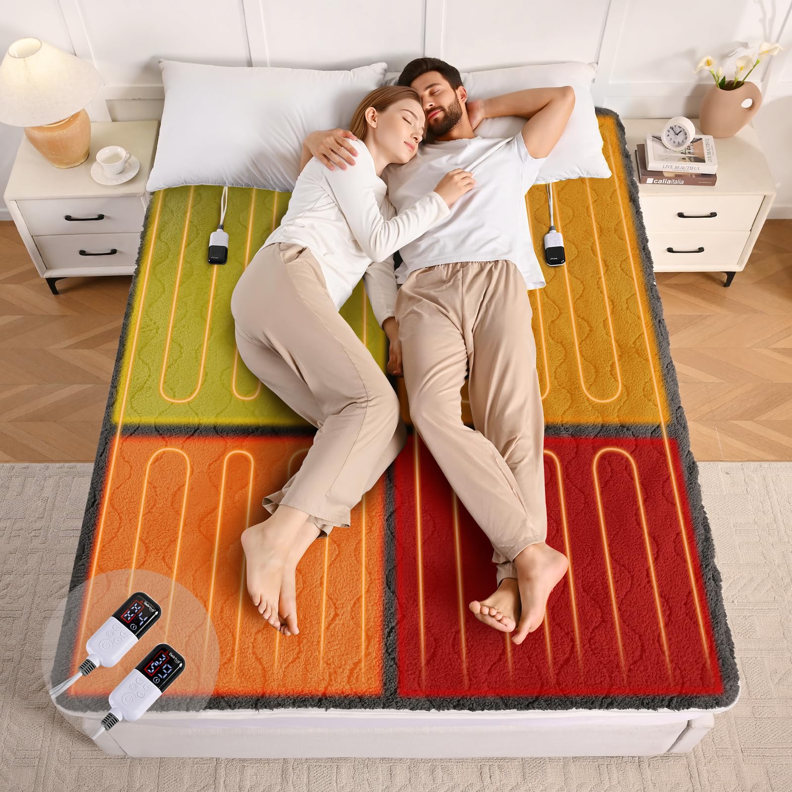 Bearhug Multi-Zone Electric Heated Mattress Pad Queen Size, Dual Control Bed Warmer with Memory &amp; 11 Heat Level, 1-9H Auto Off, Individual Body &amp;Feet Settings, Deep Pocket ETL Certified, Machine Wash