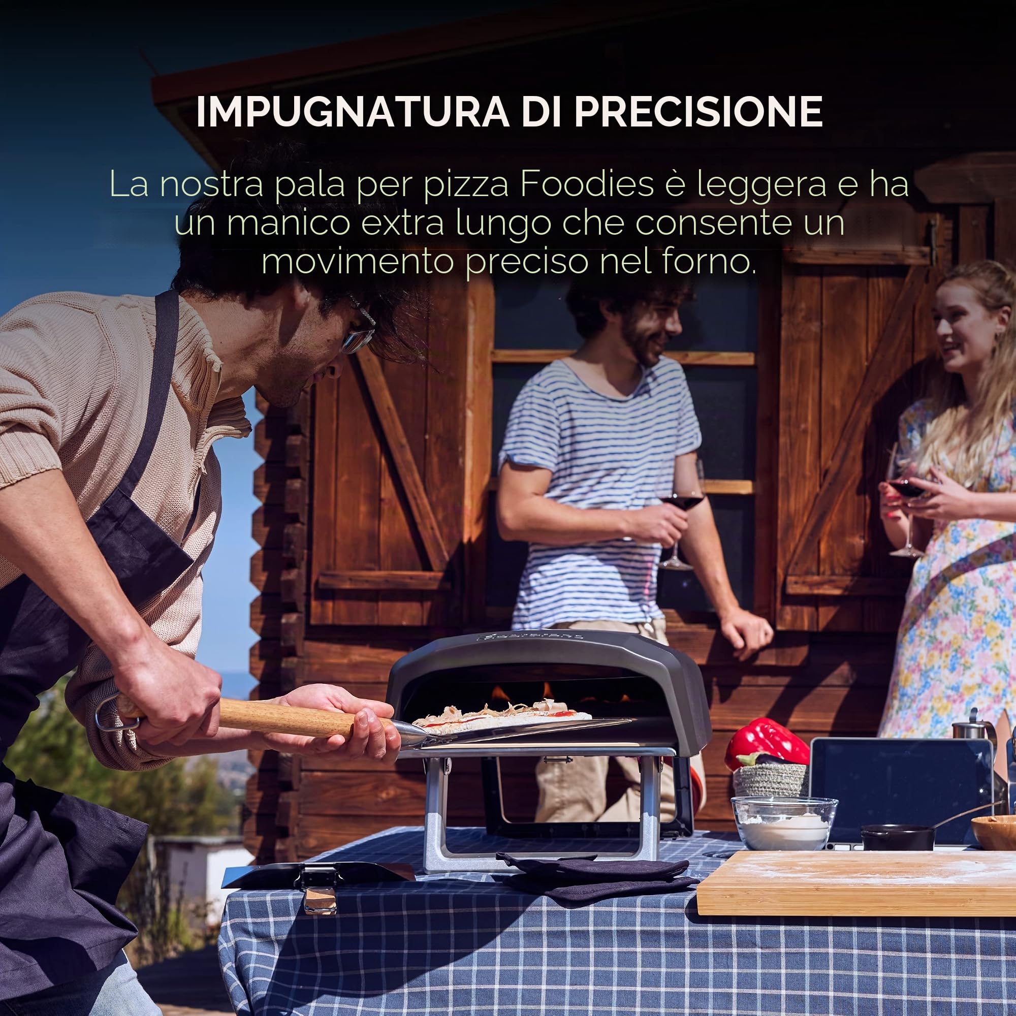 MasterPRO Foodies - Buccia per pizza da forno - In acciaio inox - Diametro 30,5 cm e lunghezza 87 cm - Manico lungo effetto legno - Testa rotonda - Testa rotonda