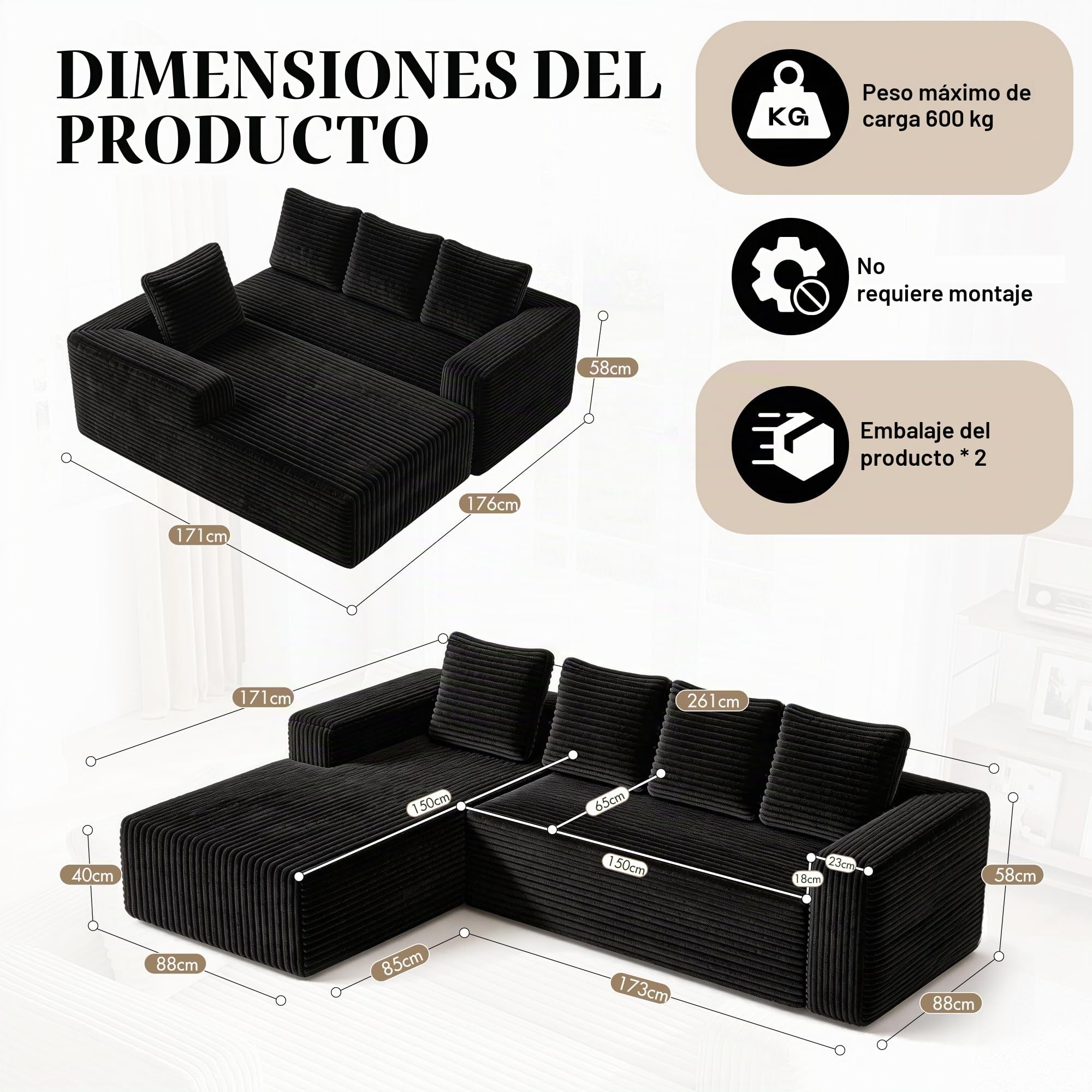 Sofá esquinero en forma de L, sofá de 4 plazas con meridiana y 4 cojines, sofá de pana, sin montaje, para salón y apartamento (Negro)