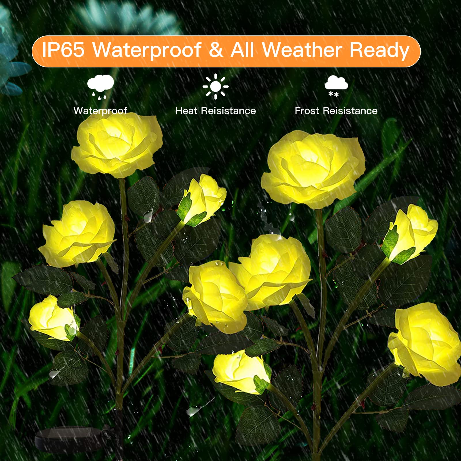 XVZ 2 Pack Solar Powered Rose Lights, Yellow, Waterproof, Outdoor Garden Patio Yard Pathway Party Decoration - Image 2