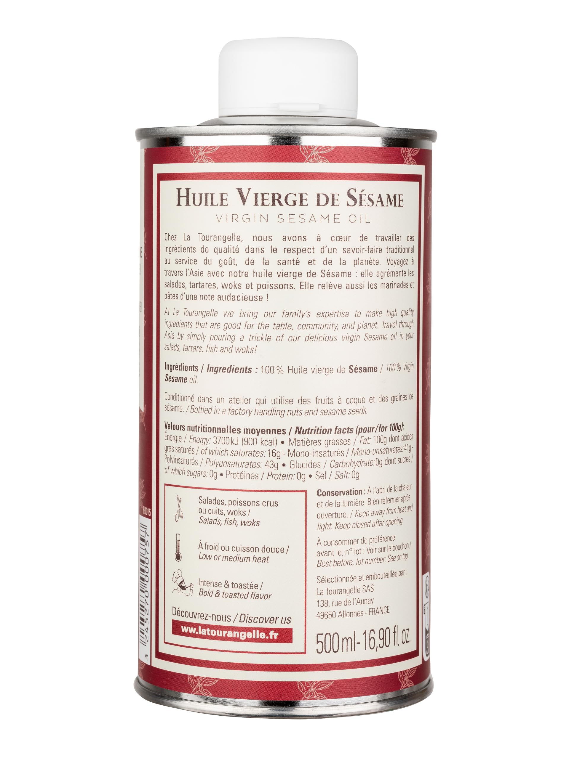 La Tourangelle, Huile Vierge de Sésame - Saveur gourmande de sésame toasté - Idéale pour les salades, tartares, woks, poissons et marinades - 500ml - 2