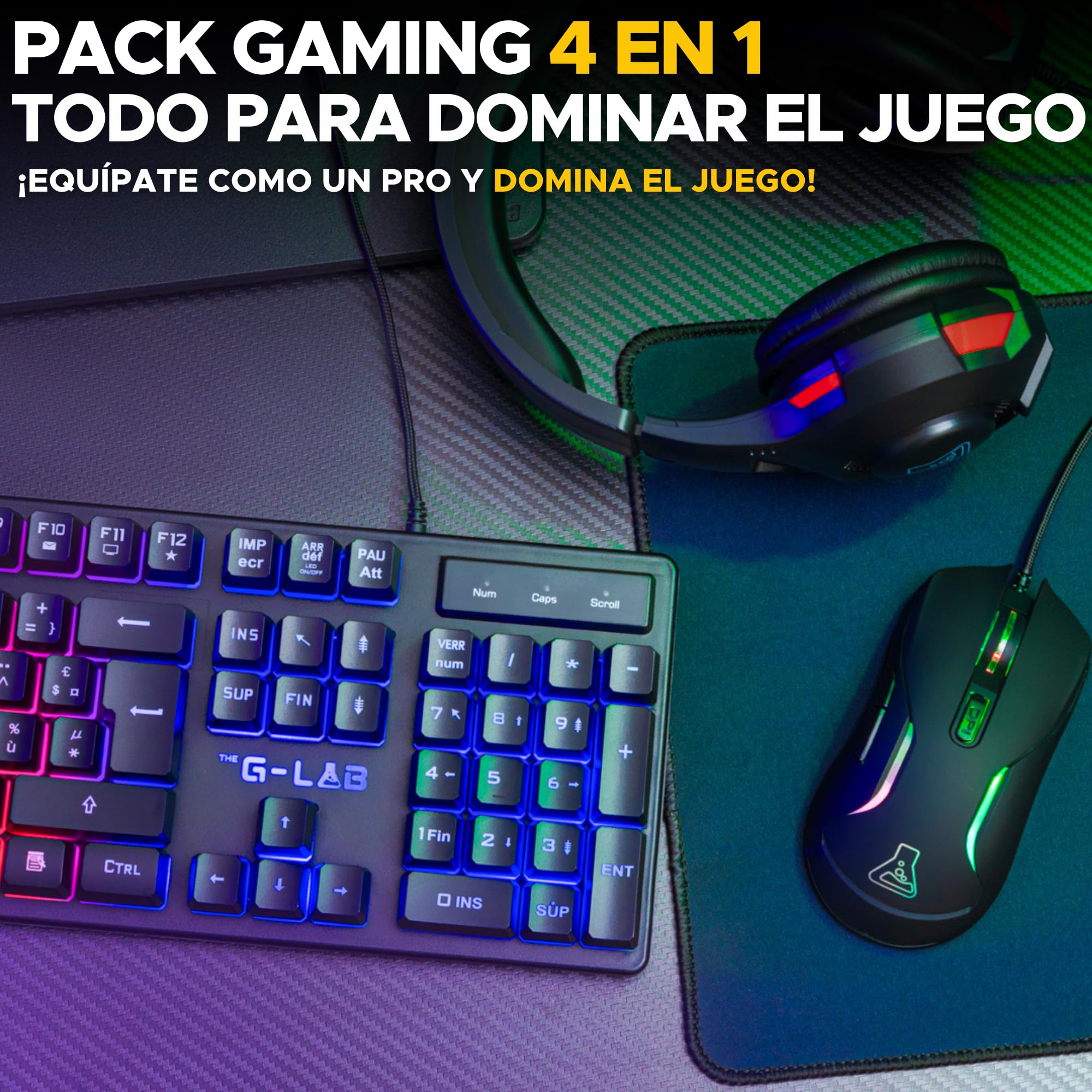The G-Lab - Combo Sulfur - Pack 4 en 1 - Teclado Gaming QWERTY con Ñ, Ratón Gamer 3600 dpi, Auriculares Gaming, Alfombrilla Antideslizante para Juegos – PC, PS4, PS5, Xbox - Layout Espanol