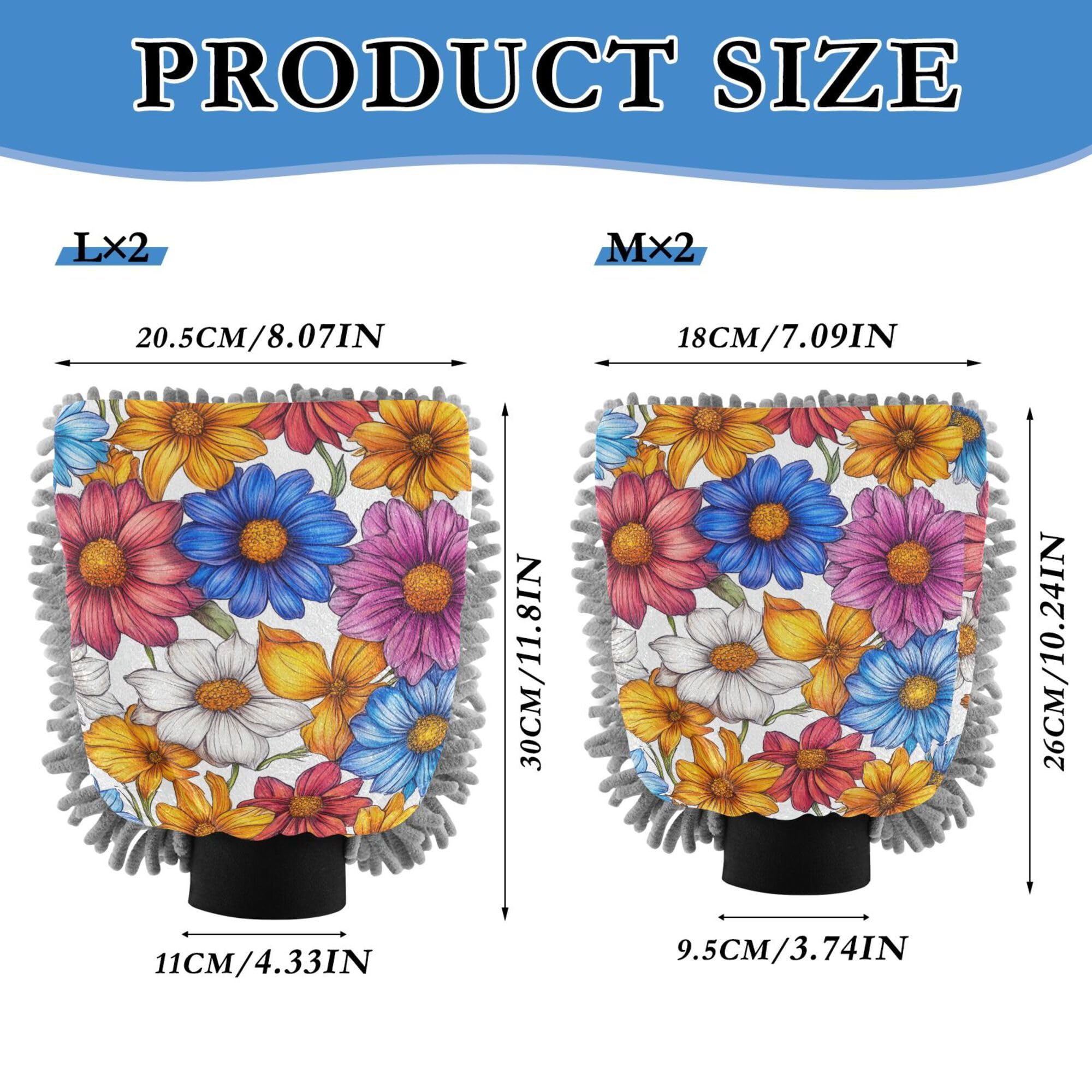 Florals Rose Daisy Dahlia White Microfiber Wash Mitt 2 Pack Car Washing Glove Non Scratch Washer Sponge for Hand Brush Cleaning