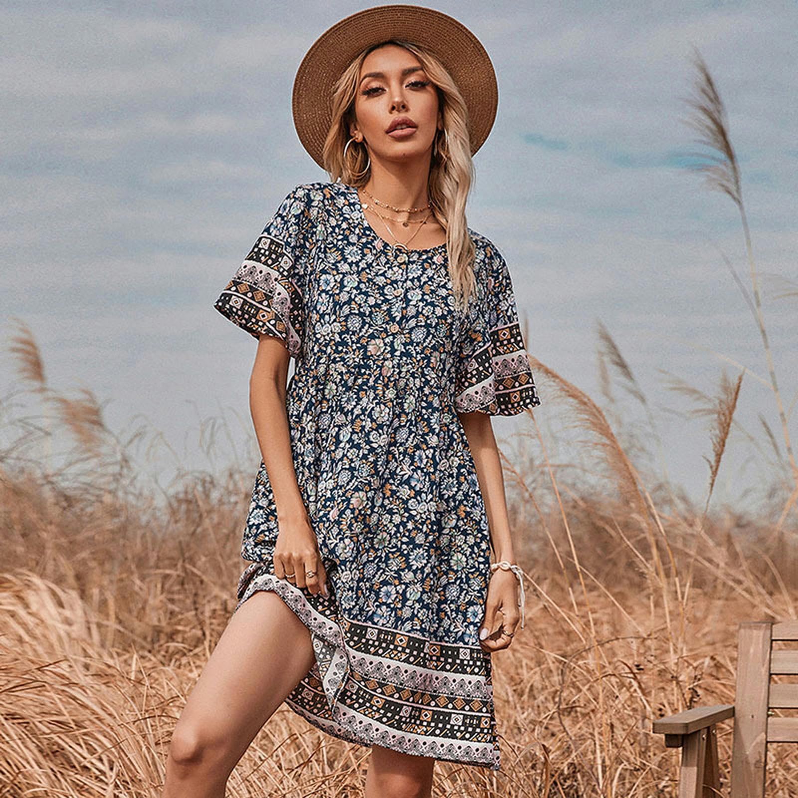 Vestidos de verano para mujer, estilo bohemio, con estampado floral, cuello en V, manga corta, cintura alta, vestidos fluidos YYEFNMAZ