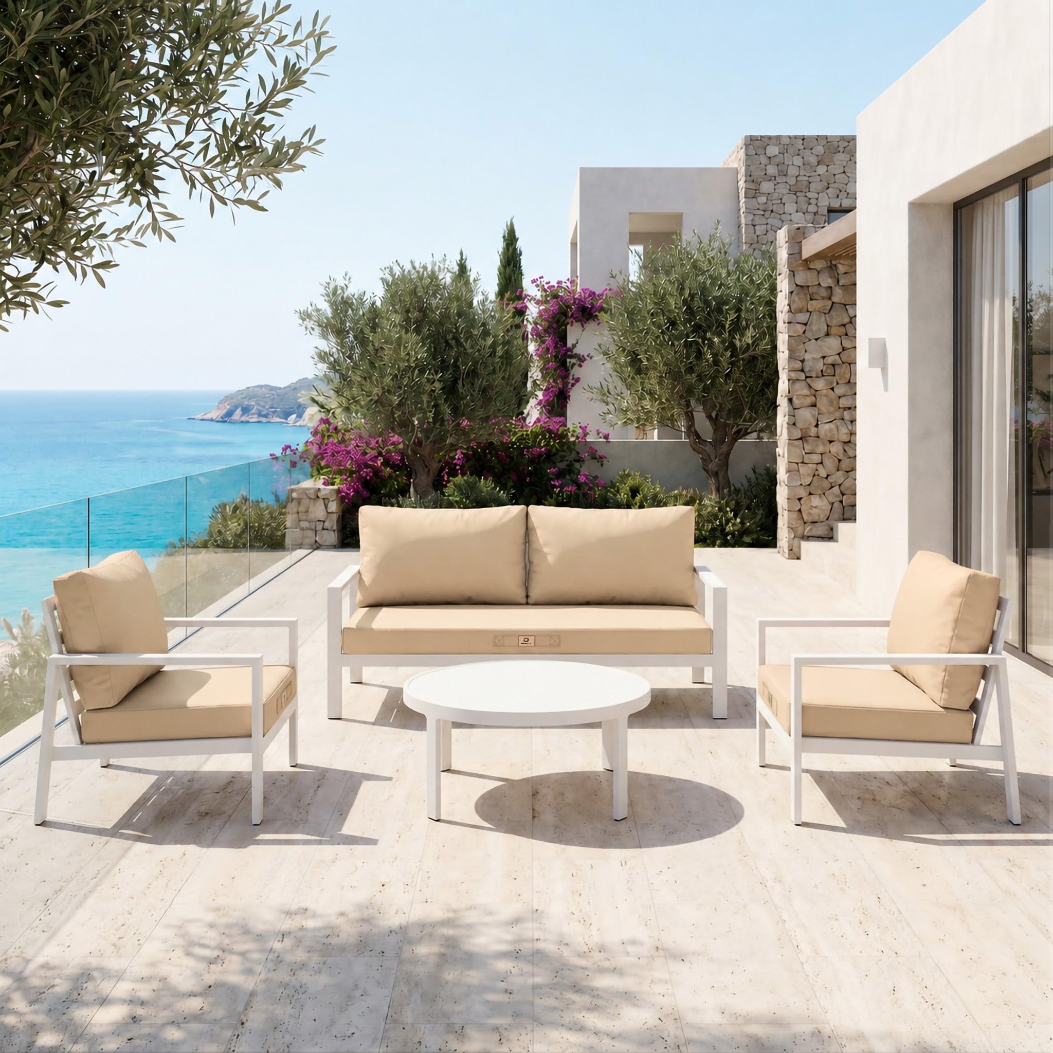Sitzkissen Outdoor mit abnehmbarem Bezug, Sitzfläche 50x50x8 cm Plus Rückenkissen 50x35 cm, für Gartenstuhl, Balkon und Terrasse, Beige
