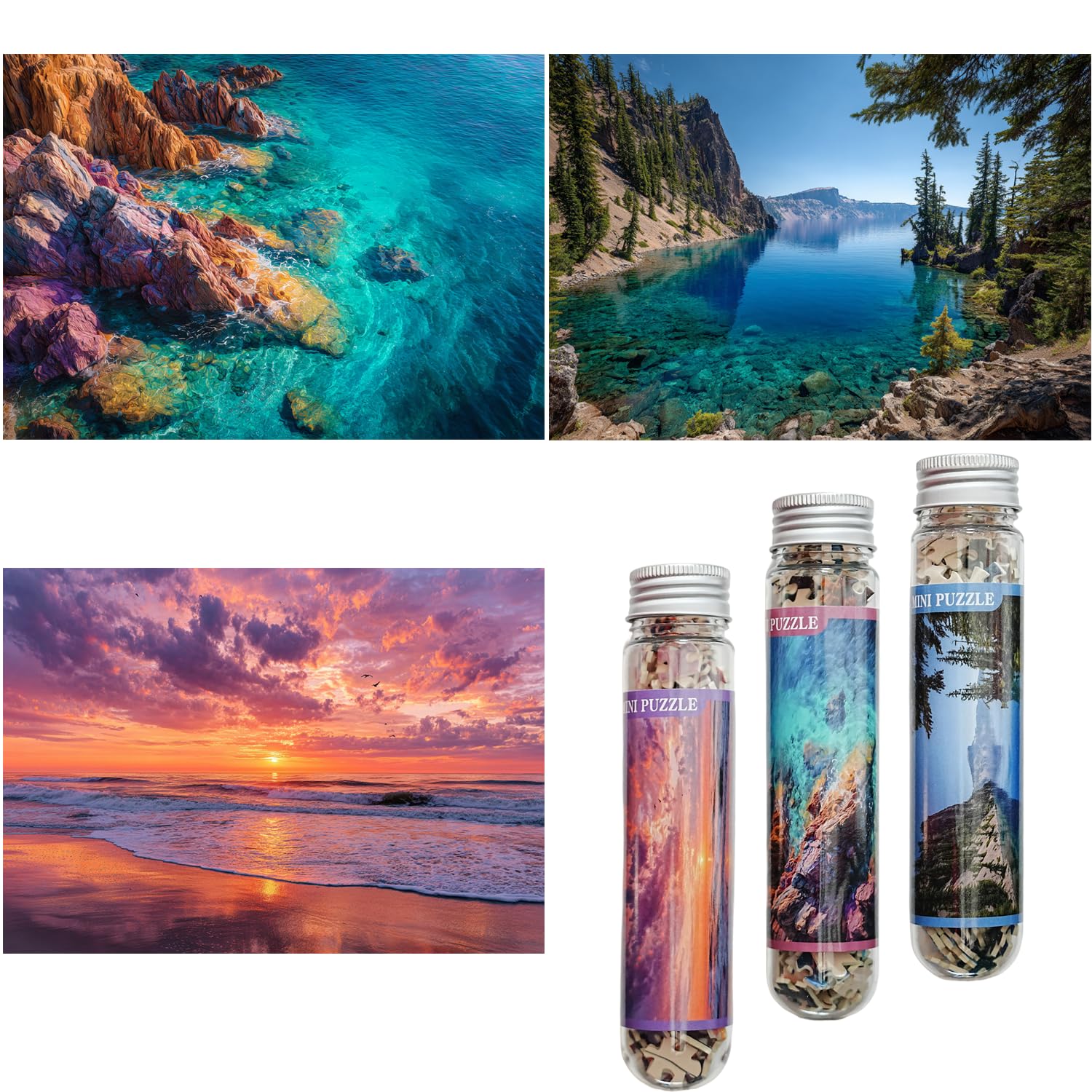 Luneko Small Jigsaw Puzzles for Adults Challenging Puzzle Small Puzzles Mini Jigsaw Puzzles 150 Pieces Micro Tiny Puzzle Lake Sunset Rocks Seaside Landscape Travel Puzzle 6 x 4 Inches 3 Packs