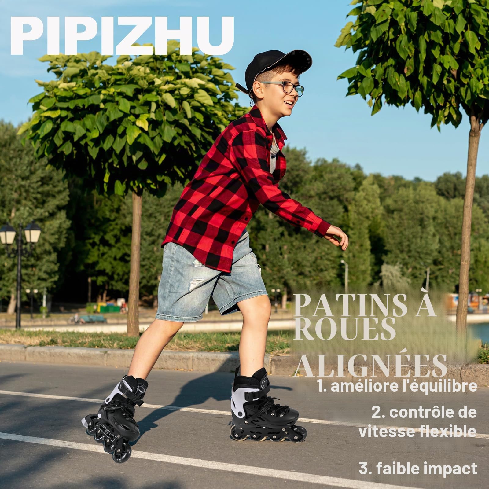 Rollers en Ligne pour Enfants Garçon| Patins à roulettes Réglables Jusqu'à 4 Tailles | Idéal pour Les Loisirs, Le Sport, Noir