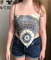 Women's French Hanky Hem Tie Back Ajustable Spaghetti Strap Satin Silk Camisole Bandana Crop Top
